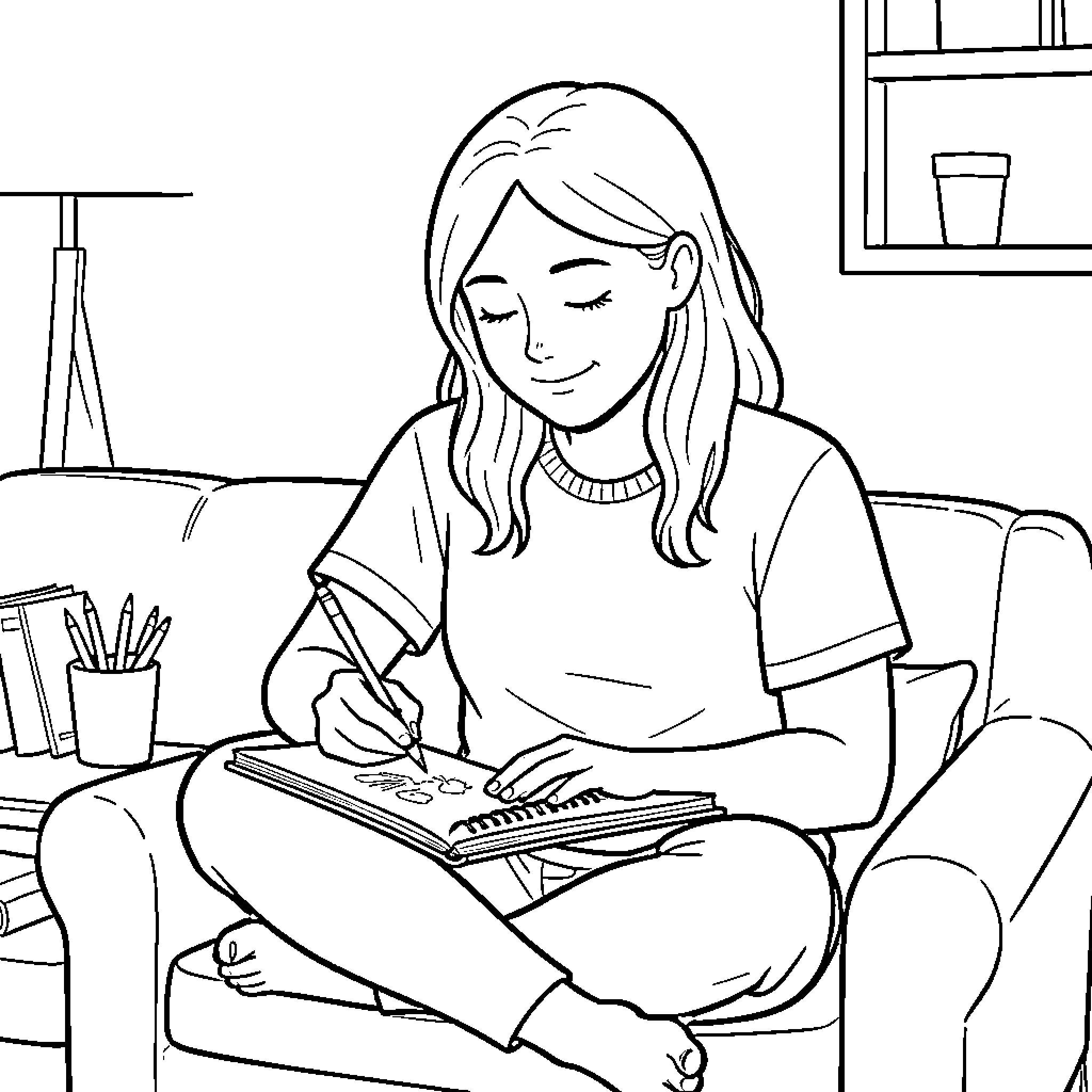 Drawing in a sketchbook while sitting on a sofa Coloring Page (free black-and-white line drawing printable PDF for all, from beginners to advanced learners, including children, teens, adults, and seniors)