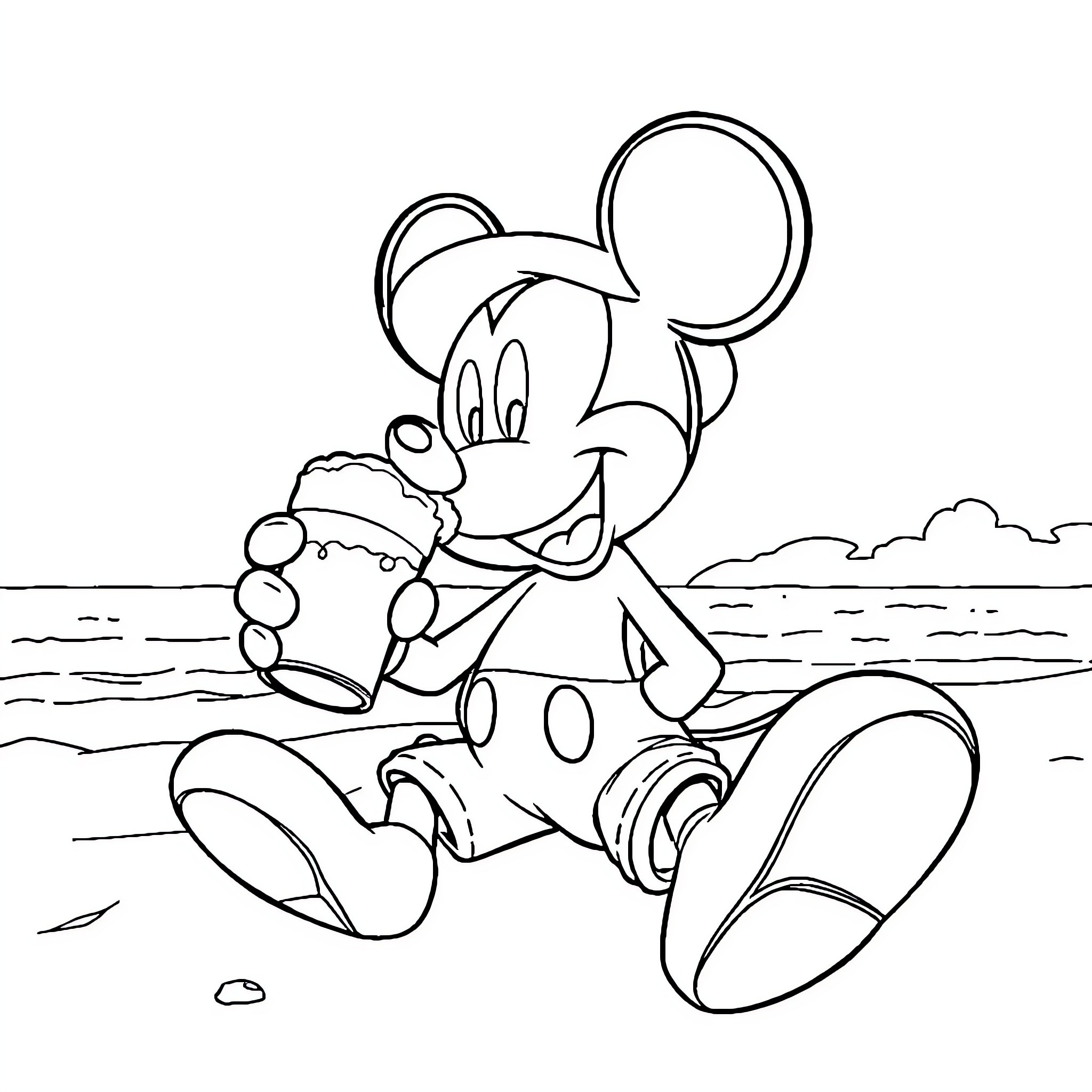 Mickey Mouse relaxing on the beach Coloring Page (free black-and-white line drawing printable PDF for all, from beginners to advanced learners, including children, teens, adults, and seniors)
