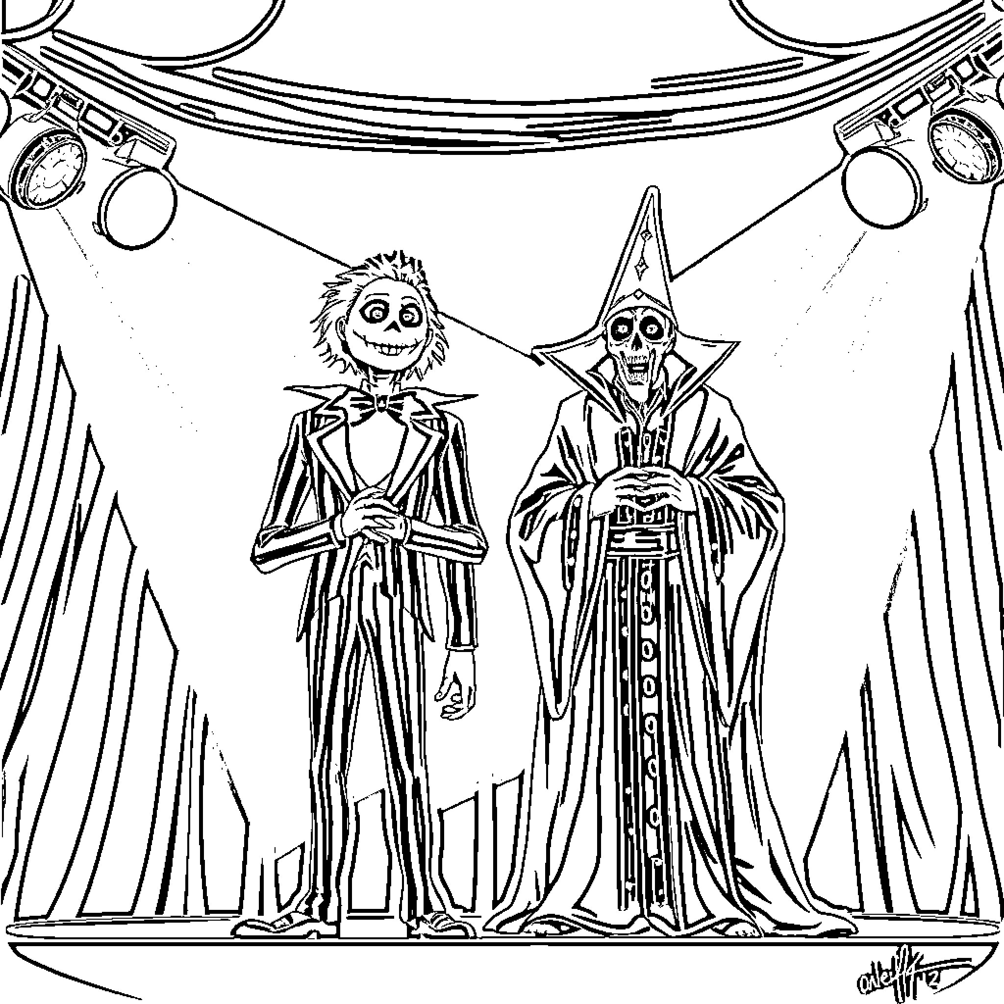 Beetlejuice and his peculiar companion in an eerie setting Coloring Page (free black-and-white line drawing printable PDF for all, from beginners to advanced learners, including children, teens, adults, and seniors)