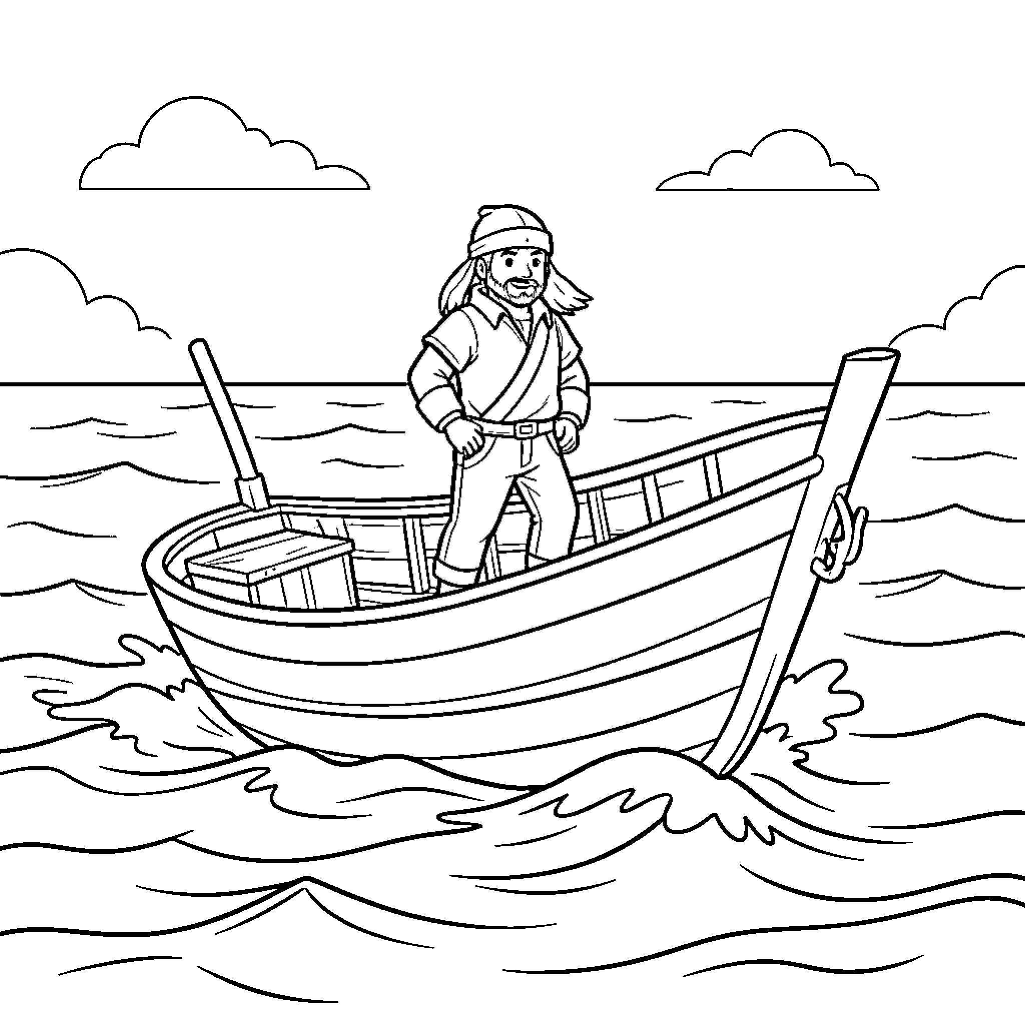 Pharaoh standing bravely on a boat in the ocean Coloring Page (free black-and-white line drawing printable PDF for all, from beginners to advanced learners, including children, teens, adults, and seniors)
