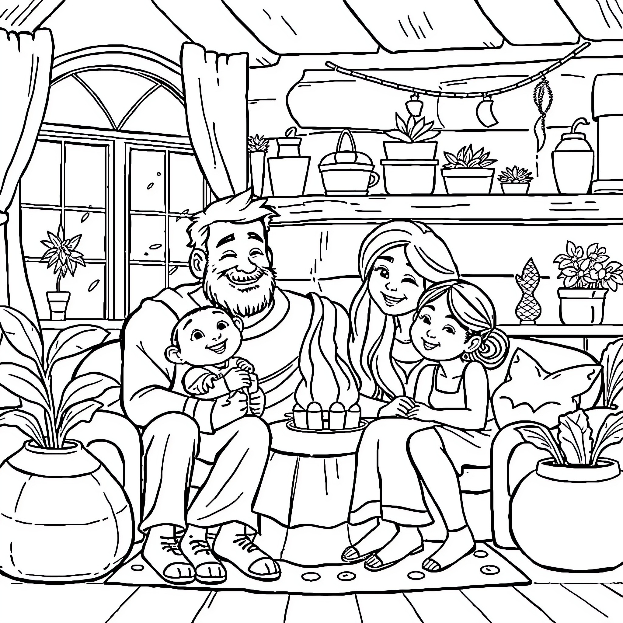 Sylvanian Family enjoying a cozy gathering at home Coloring Page (free black-and-white line drawing printable PDF for all, from beginners to advanced learners, including children, teens, adults, and seniors)