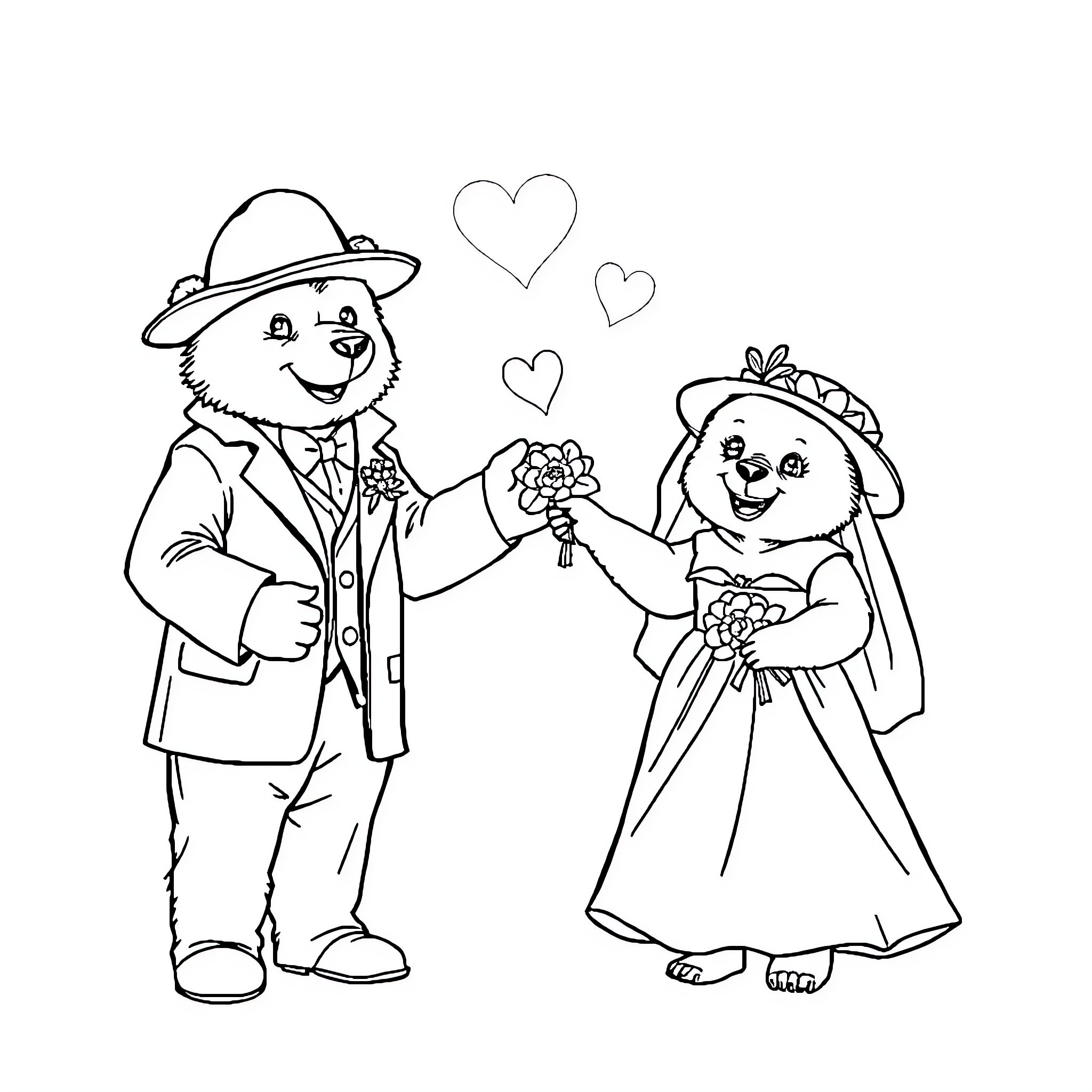 Paddington Bear and his bear bride in a loving embrace Coloring Page (free black-and-white line drawing printable PDF for all, from beginners to advanced learners, including children, teens, adults, and seniors)