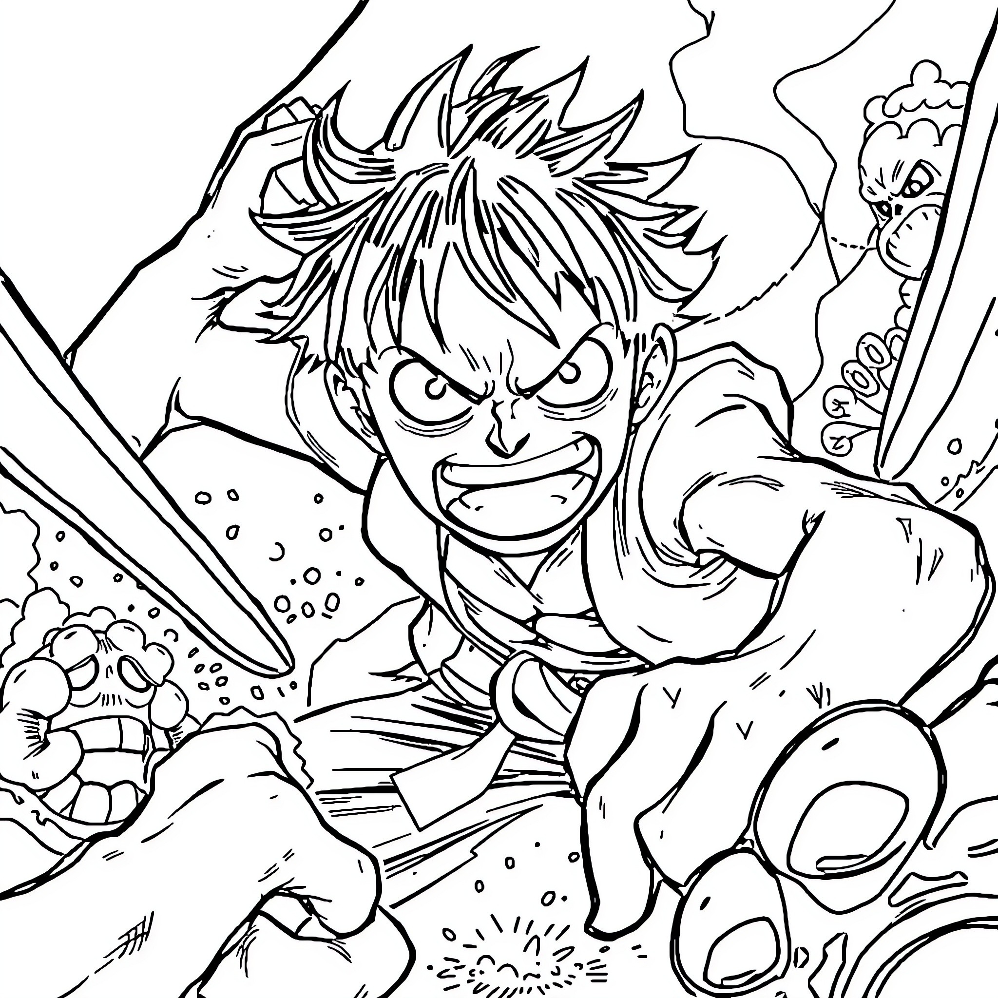 Monkey D Luffy in intense action scene Coloring Page (free black-and-white line drawing printable PDF for all, from beginners to advanced learners, including children, teens, adults, and seniors)