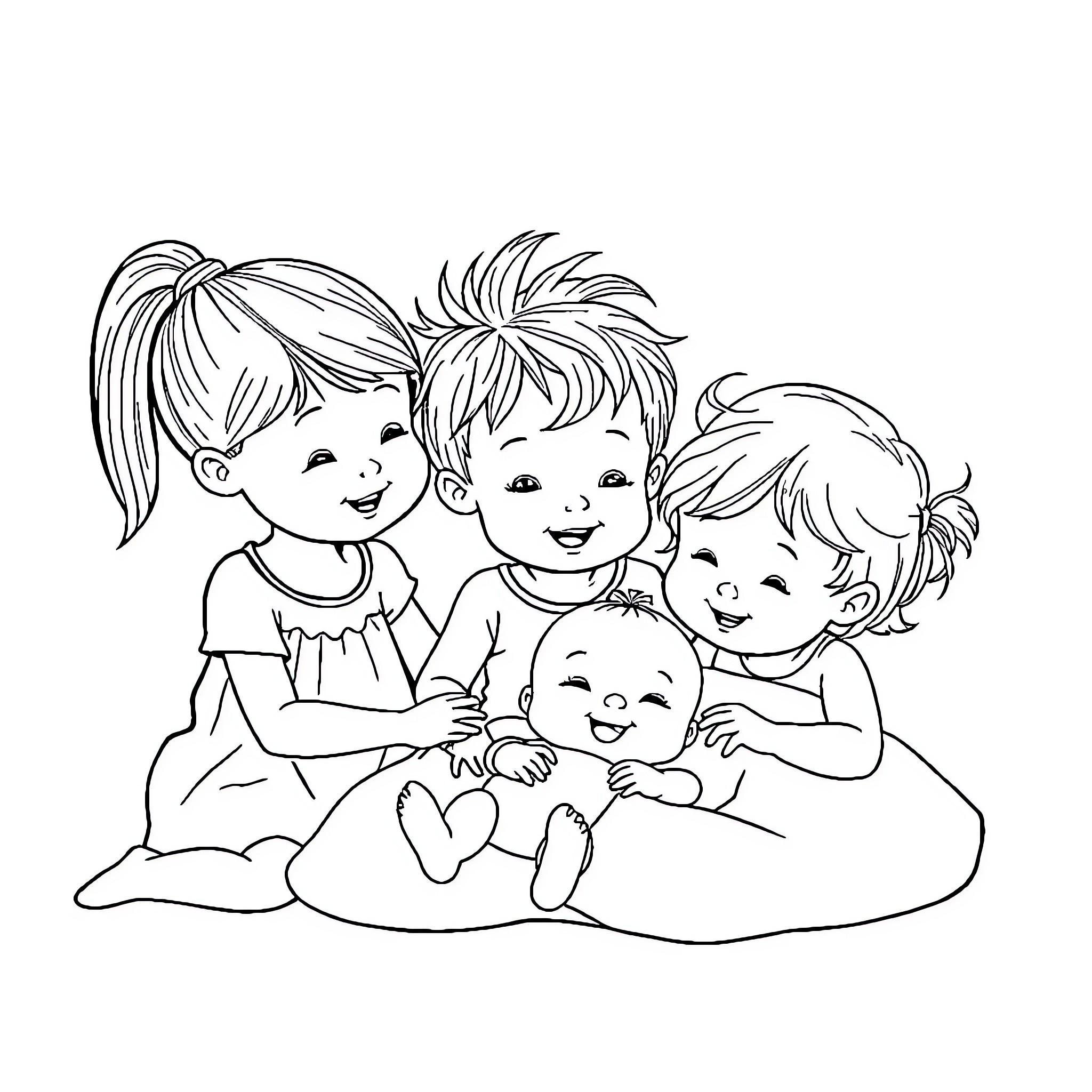 Sisters Playing and Bonding Happily Coloring Page (free black-and-white line drawing printable PDF for all, from beginners to advanced learners, including children, teens, adults, and seniors)