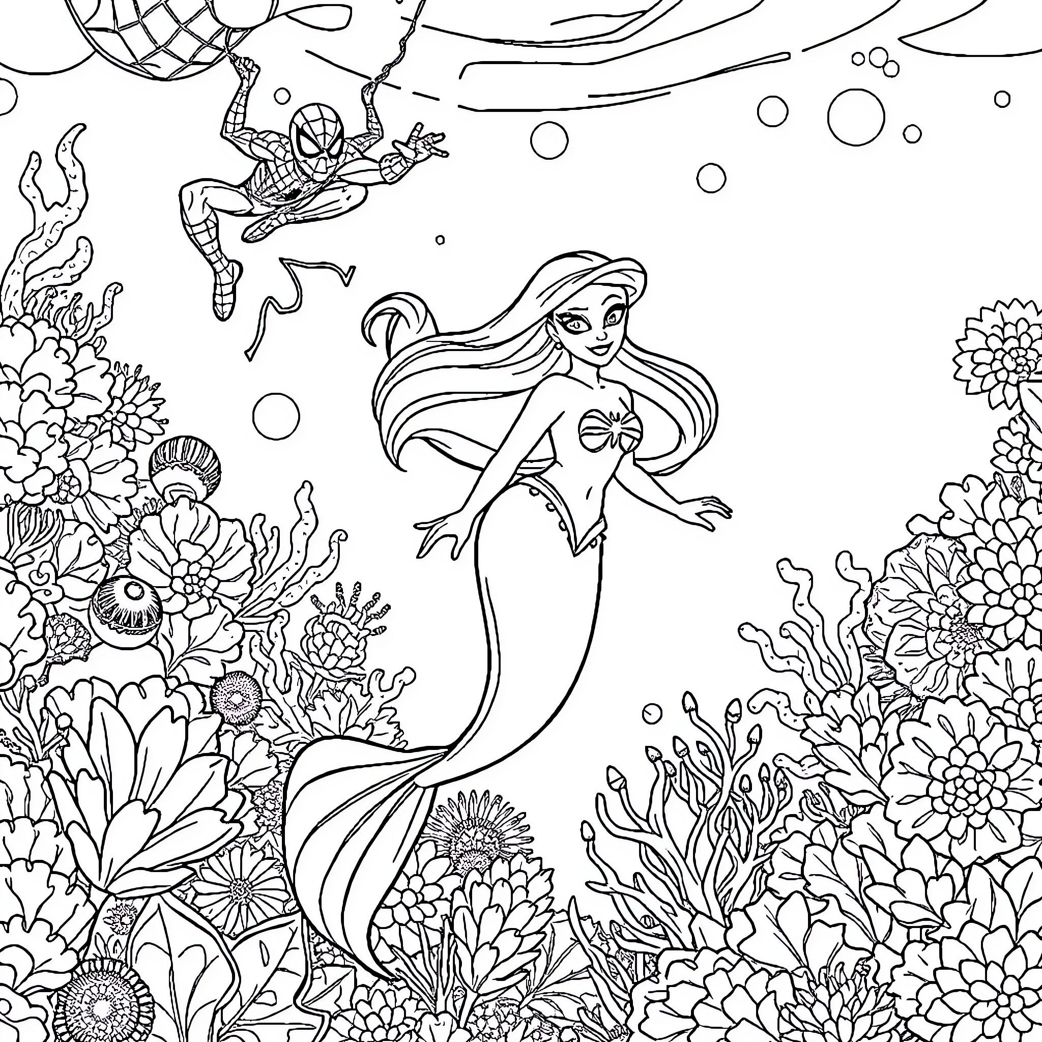Ariel exploring the underwater wonders with Spider-Man Coloring Page (free black-and-white line drawing printable PDF for all, from beginners to advanced learners, including children, teens, adults, and seniors)