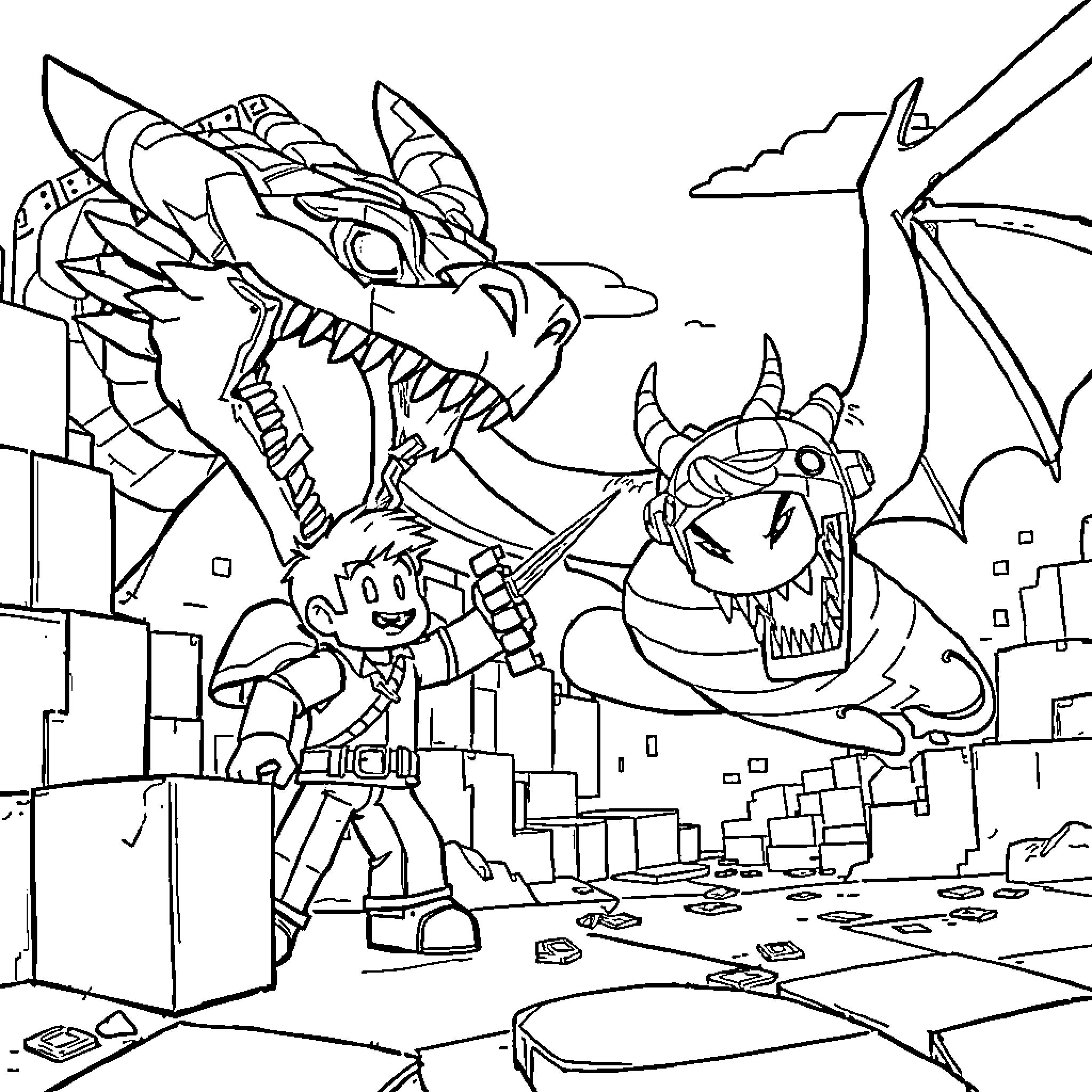 Ender Dragon battles courageous warrior in epic fantasy scene Coloring Page (free black-and-white line drawing printable PDF for all, from beginners to advanced learners, including children, teens, adults, and seniors)