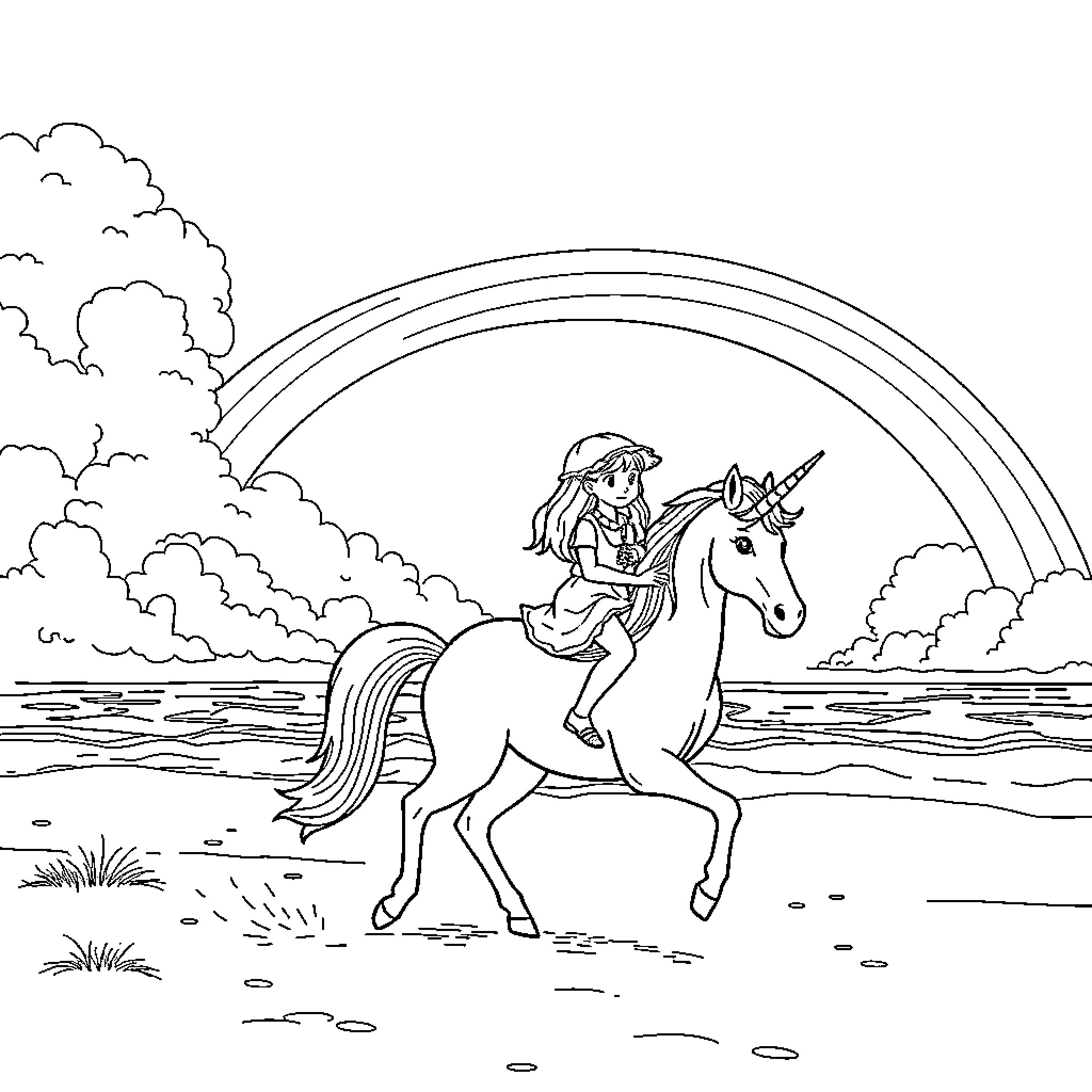 Unicorn and rider adventure in magical landscape Coloring Page (free black-and-white line drawing printable PDF for all, from beginners to advanced learners, including children, teens, adults, and seniors)