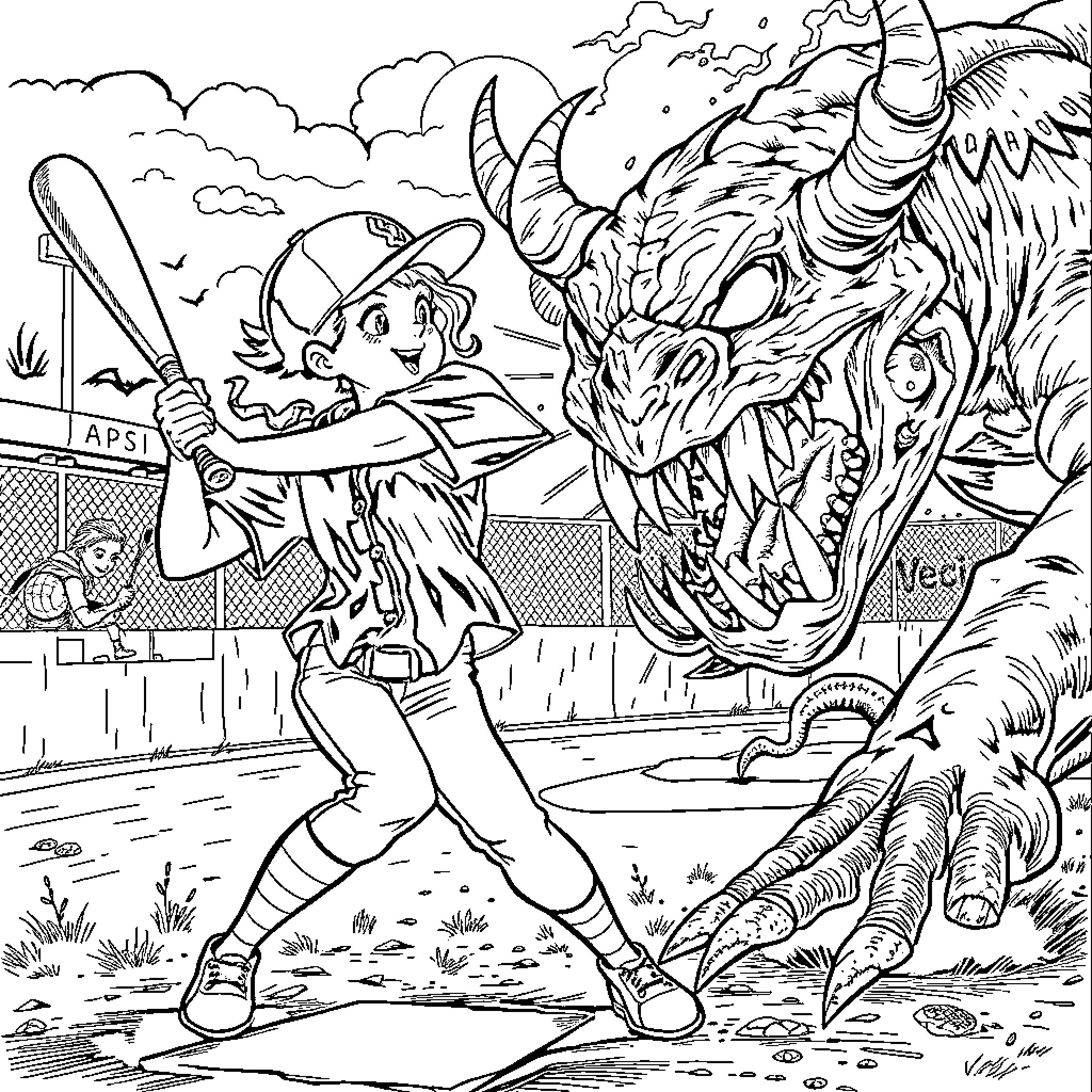 Vecna battles a monstrous creature on the baseball field Coloring Page (free black-and-white line drawing printable PDF for all, from beginners to advanced learners, including children, teens, adults, and seniors)