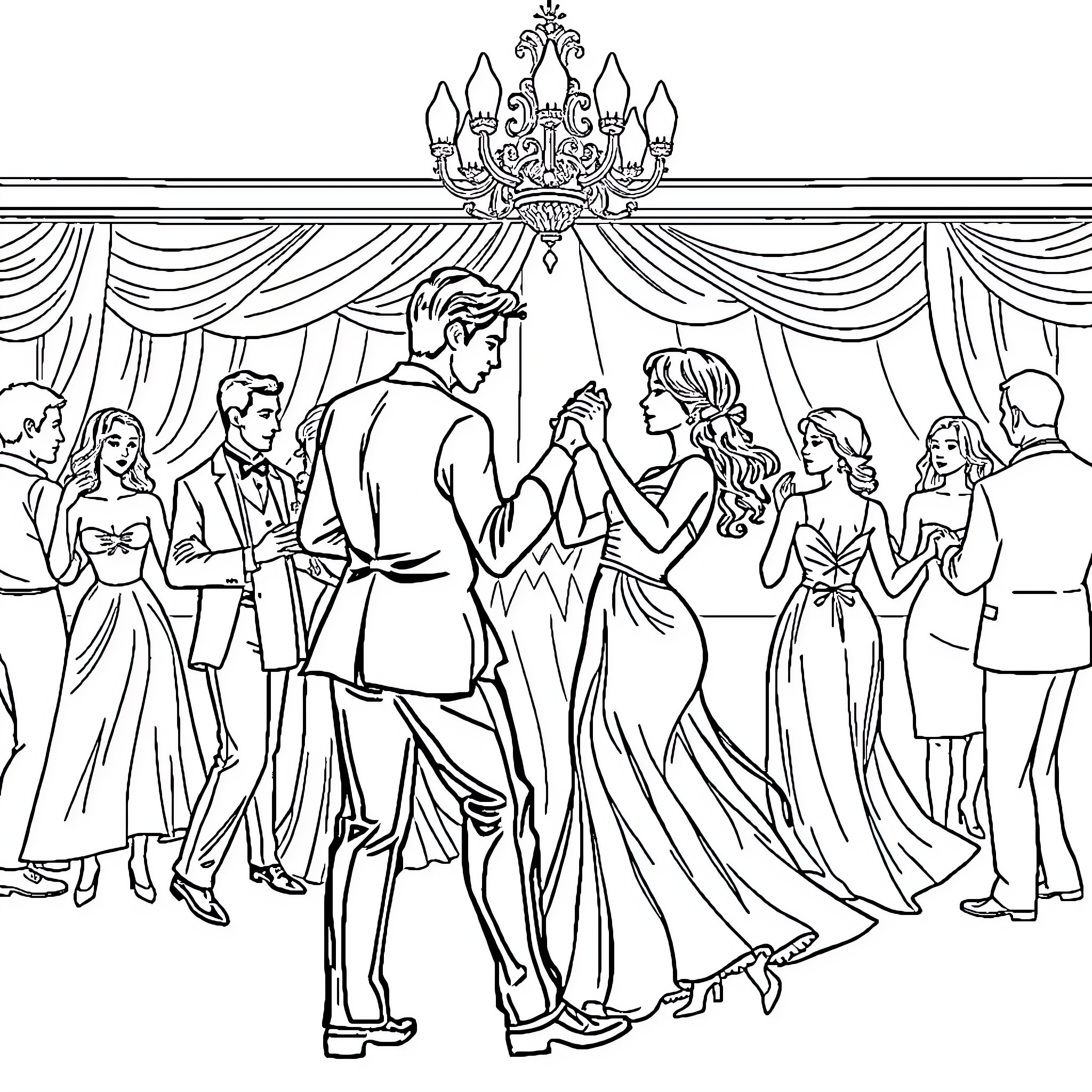 Ball of elegant couples dancing under grand chandelier Coloring Page (free black-and-white line drawing printable PDF for all, from beginners to advanced learners, including children, teens, adults, and seniors)