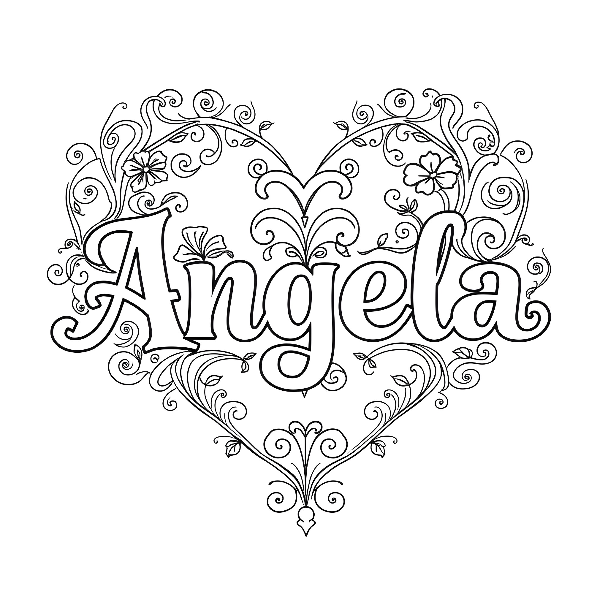 Angela's Floral Heart Design Coloring Page (free black-and-white line drawing printable PDF for all, from beginners to advanced learners, including children, teens, adults, and seniors)
