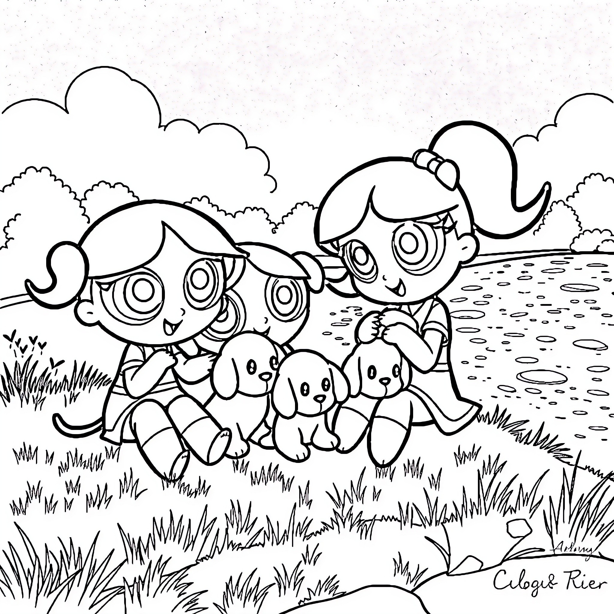 Power Puff Girls Playing in the Countryside Coloring Page (free black-and-white line drawing printable PDF for all, from beginners to advanced learners, including children, teens, adults, and seniors)