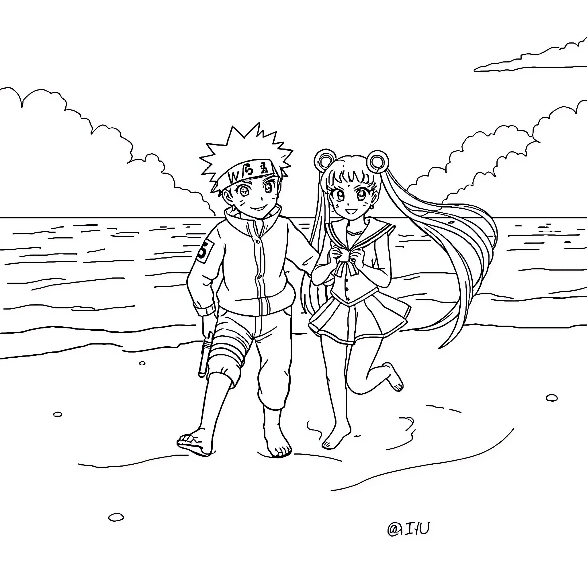 Naruto and Sailor Moon enjoying a day at the beach Coloring Page (free black-and-white line drawing printable PDF for all, from beginners to advanced learners, including children, teens, adults, and seniors)