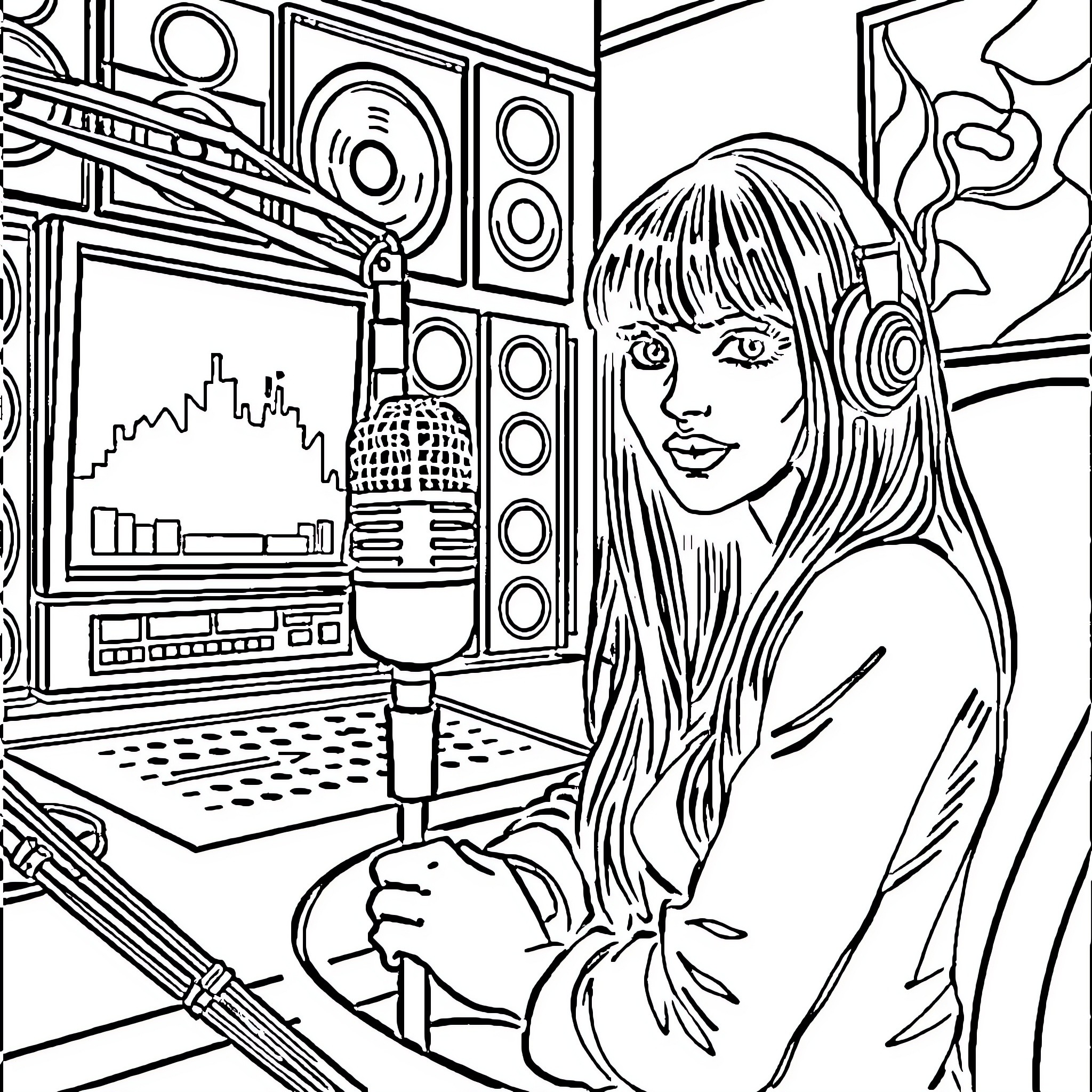 Woman recording music in her studio Coloring Page (free black-and-white line drawing printable PDF for all, from beginners to advanced learners, including children, teens, adults, and seniors)