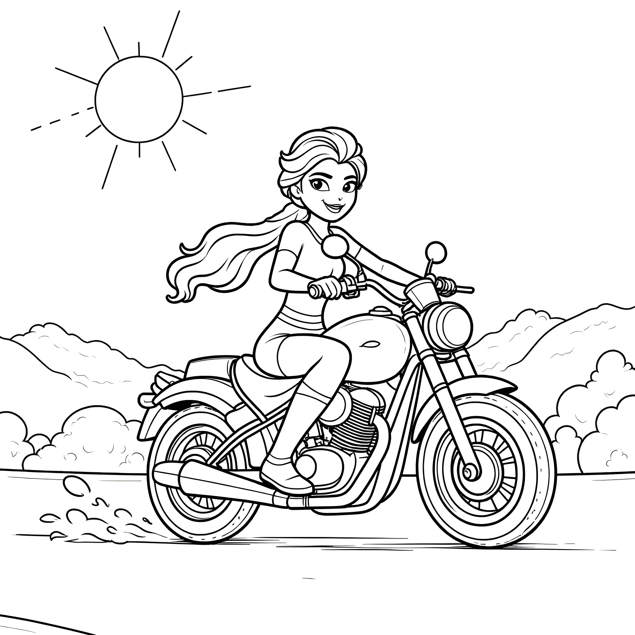 Elsa enjoying a sunny day on her motorcycle Coloring Page (free black-and-white line drawing printable PDF for all, from beginners to advanced learners, including children, teens, adults, and seniors)
