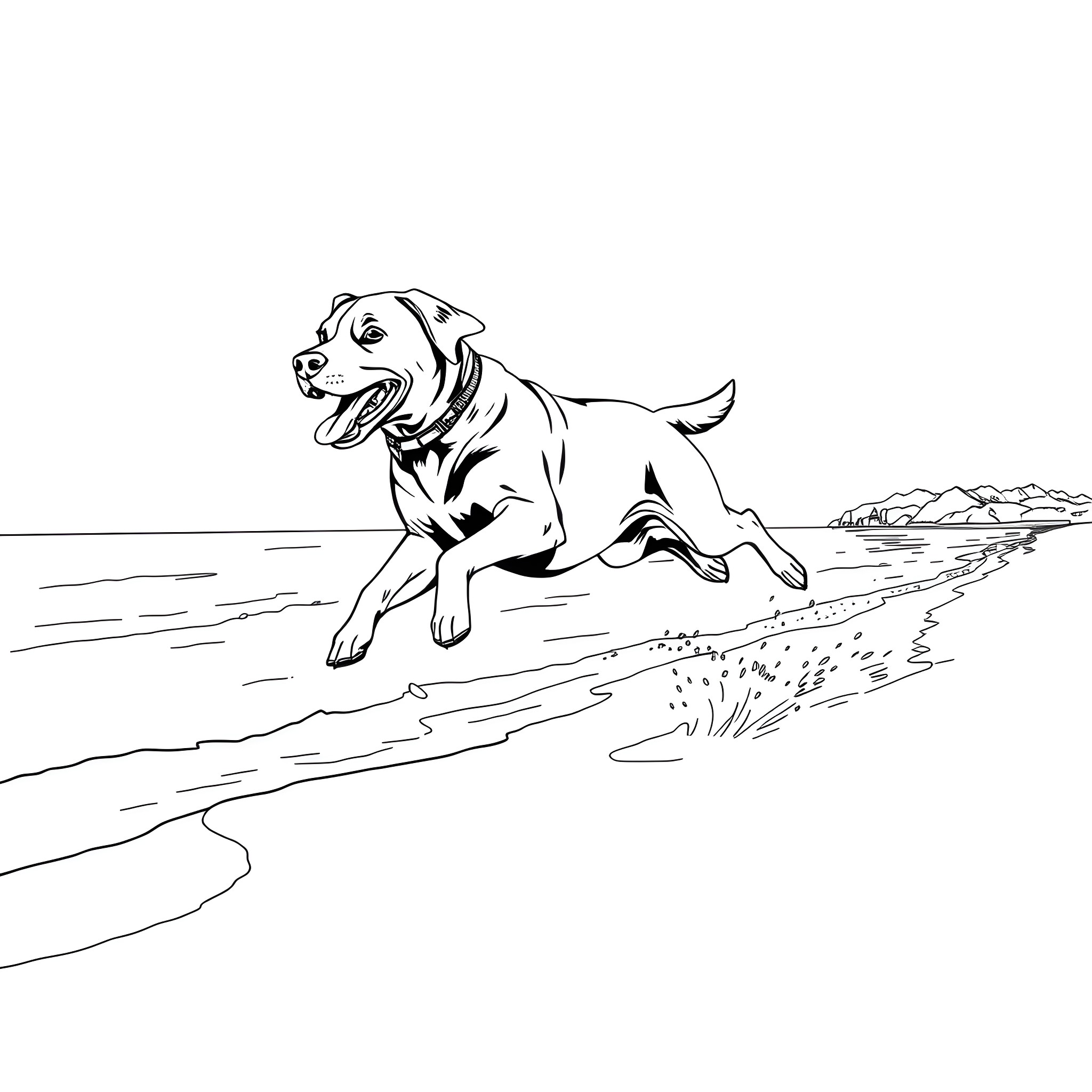 Lab dog running happily on the beach Coloring Page (free black-and-white line drawing printable PDF for all, from beginners to advanced learners, including children, teens, adults, and seniors)