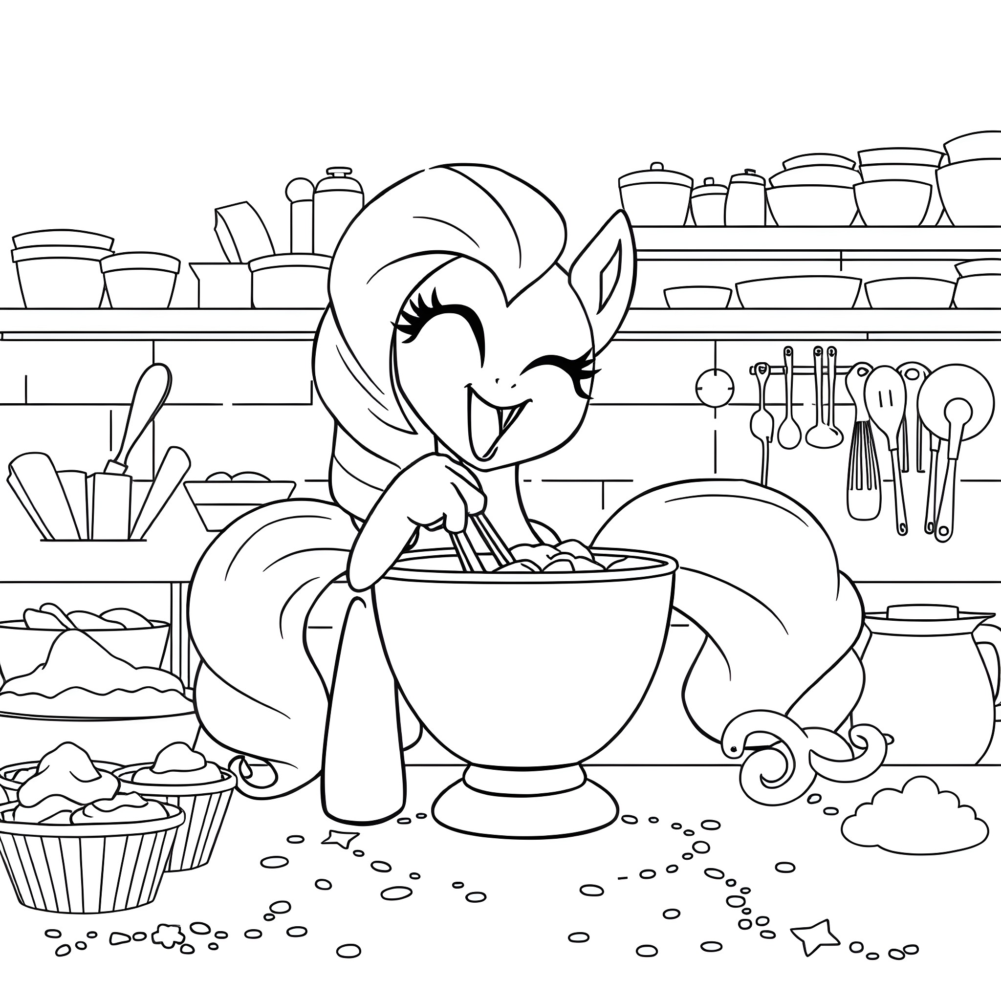 Pinkie Pie Baking Treats in the Kitchen Coloring Page (free black-and-white line drawing printable PDF for all, from beginners to advanced learners, including children, teens, adults, and seniors)