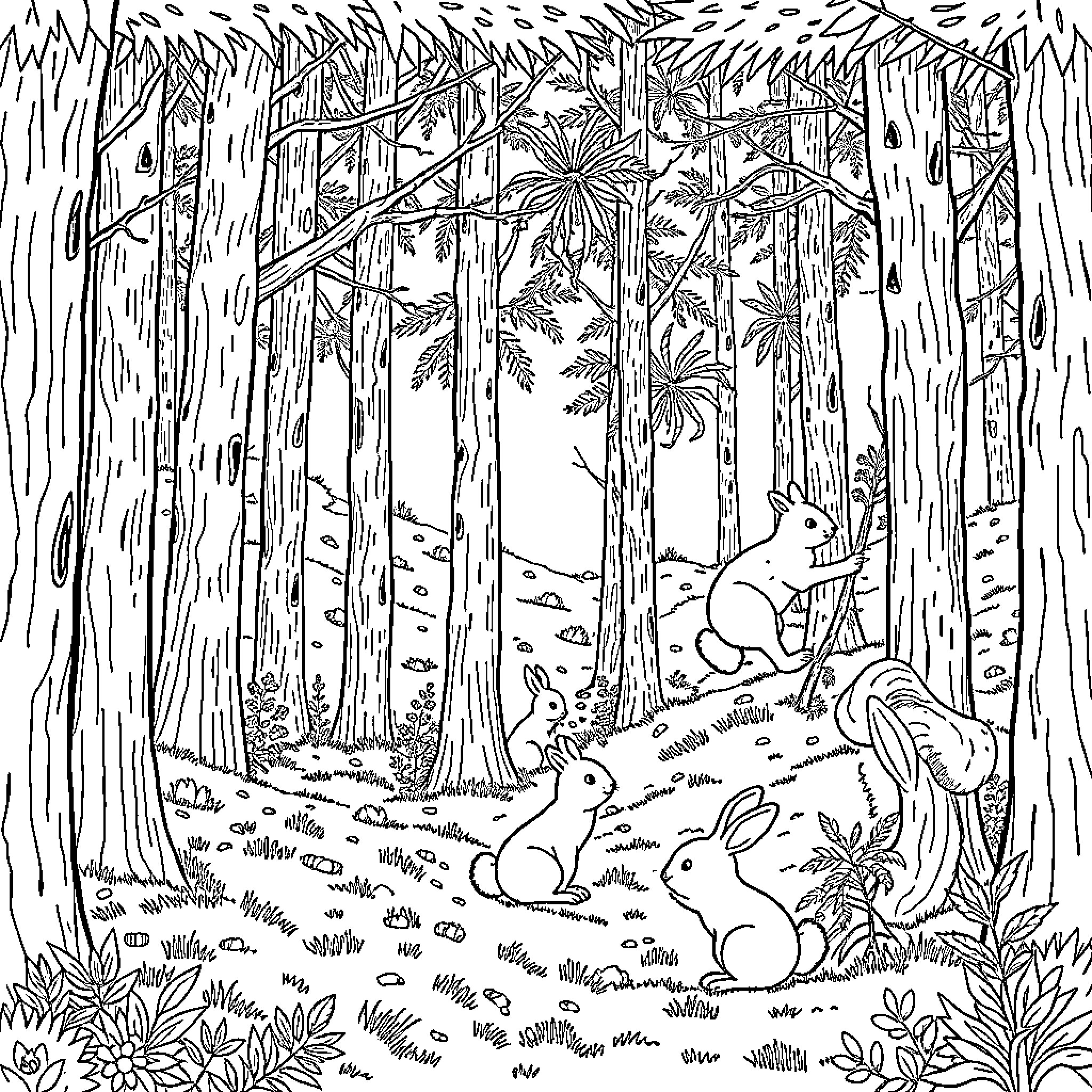 Tree-filled forest with playful bunnies Coloring Page (free black-and-white line drawing printable PDF for all, from beginners to advanced learners, including children, teens, adults, and seniors)