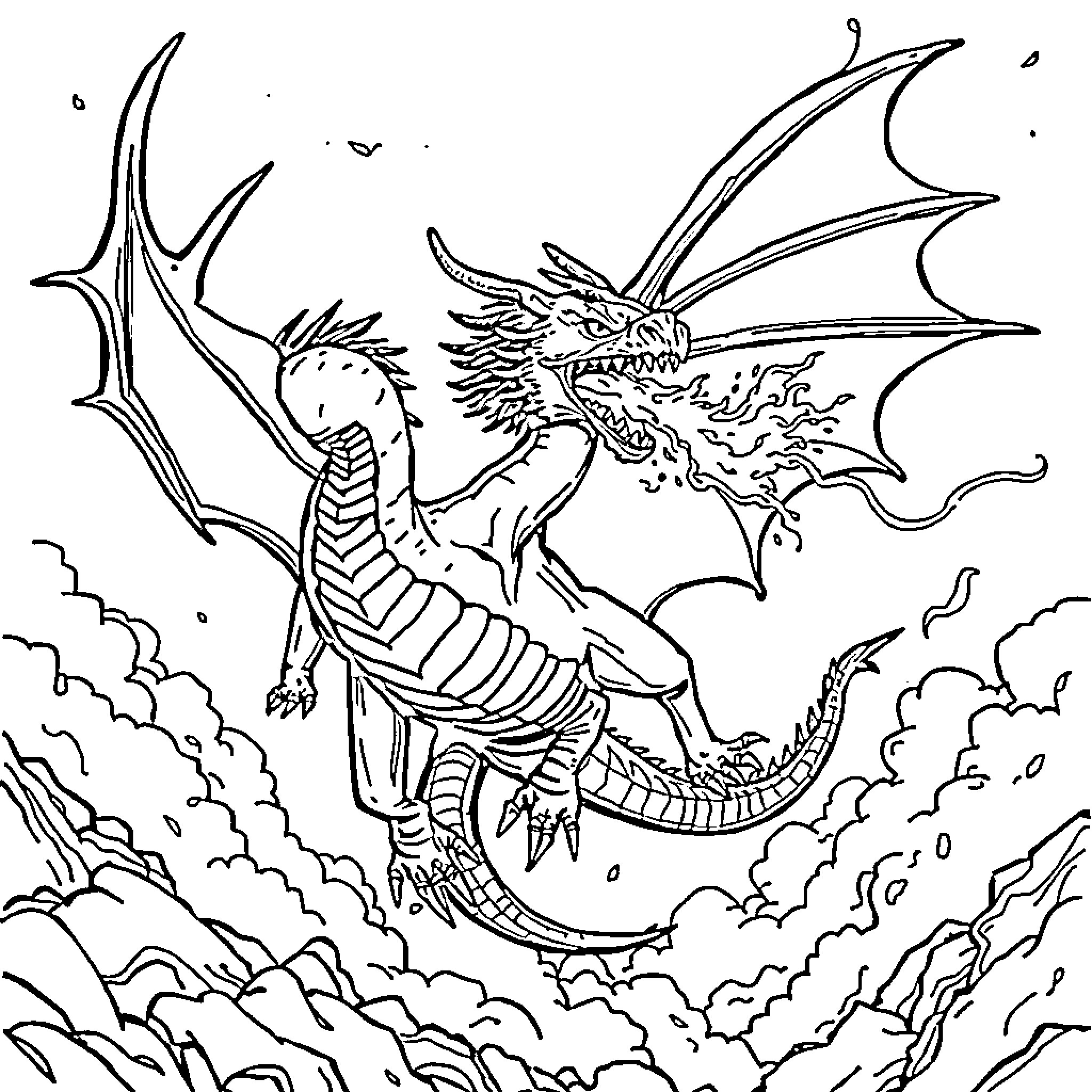 Dragofeu dragon soaring through the clouds Coloring Page (free black-and-white line drawing printable PDF for all, from beginners to advanced learners, including children, teens, adults, and seniors)