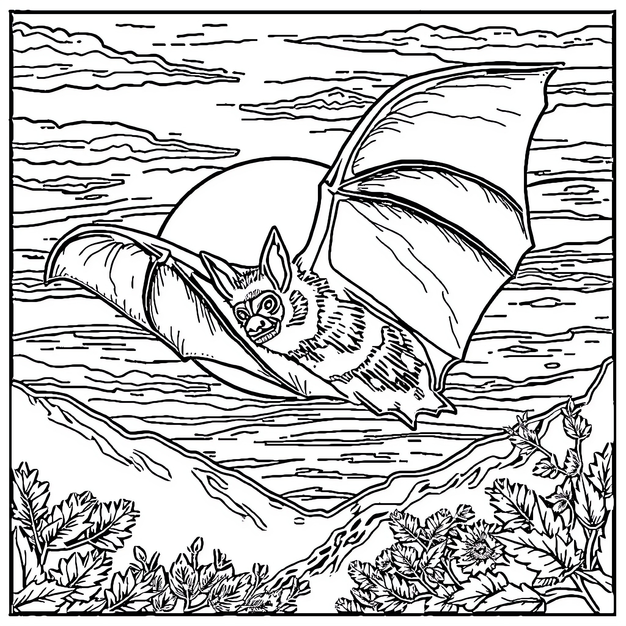 Bat soaring through the night sky Coloring Page (free black-and-white line drawing printable PDF for all, from beginners to advanced learners, including children, teens, adults, and seniors)