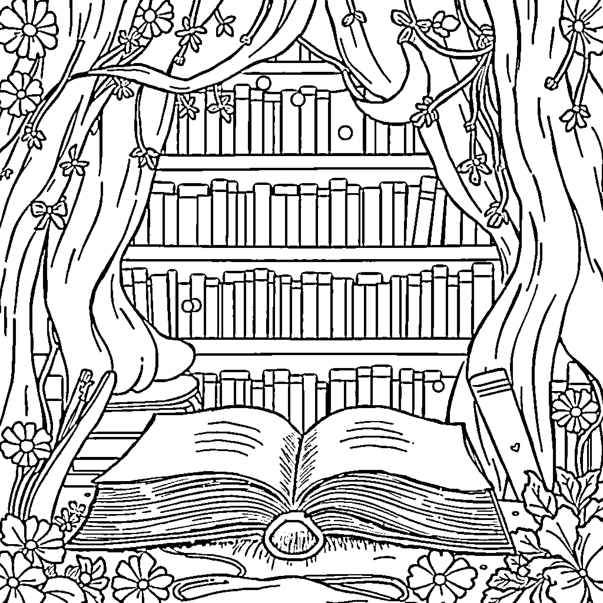 Adbl Floral Library Backdrop with Open Book Coloring Page (free black-and-white line drawing printable PDF for all, from beginners to advanced learners, including children, teens, adults, and seniors)