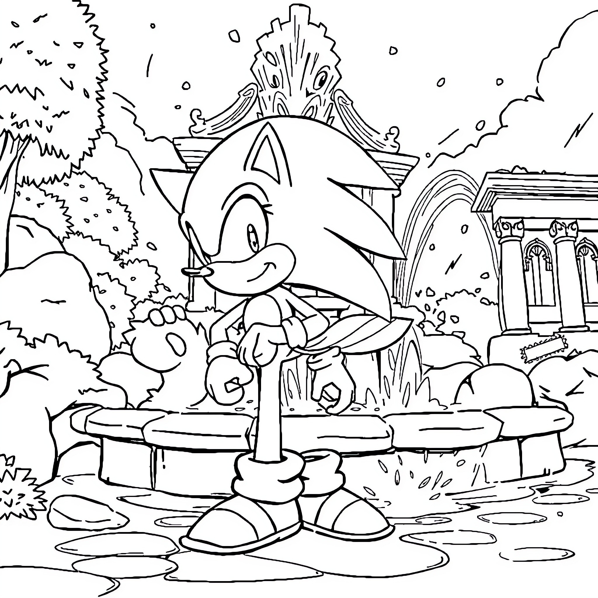 Sonic exploring a whimsical landscape Coloring Page (free black-and-white line drawing printable PDF for all, from beginners to advanced learners, including children, teens, adults, and seniors)