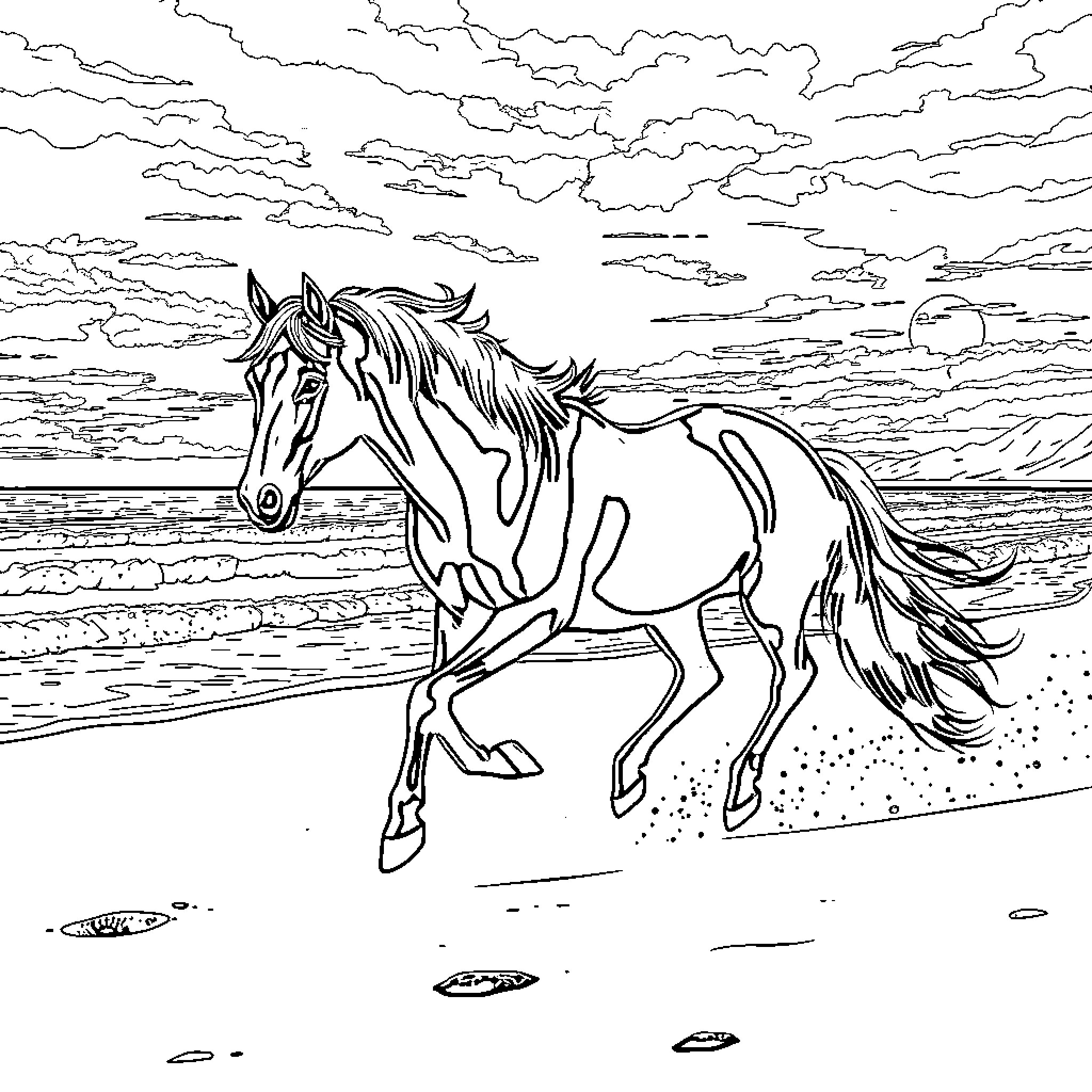 Horse running gracefully on the beach Coloring Page (free black-and-white line drawing printable PDF for all, from beginners to advanced learners, including children, teens, adults, and seniors)