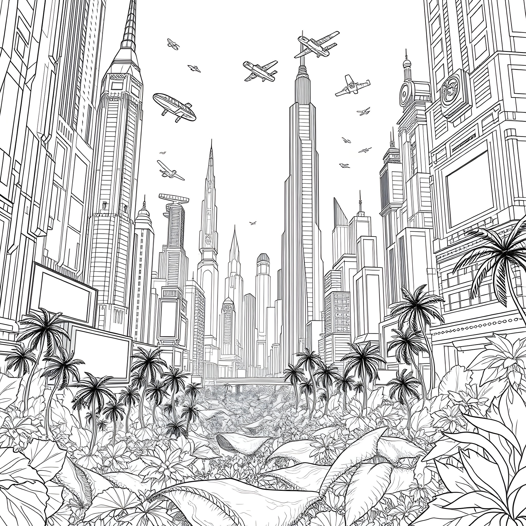Fantasy City with Soaring Towers and Flying Machines Coloring Page (free black-and-white line drawing printable PDF for all, from beginners to advanced learners, including children, teens, adults, and seniors)