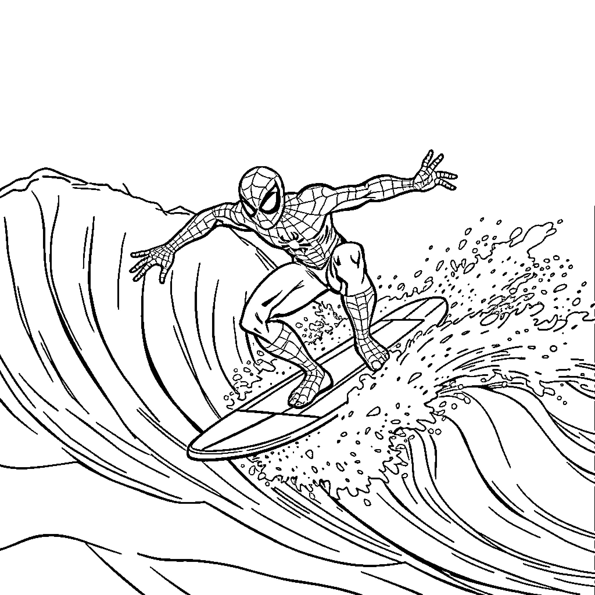 Spidey surfing through massive waves Coloring Page (free black-and-white line drawing printable PDF for all, from beginners to advanced learners, including children, teens, adults, and seniors)