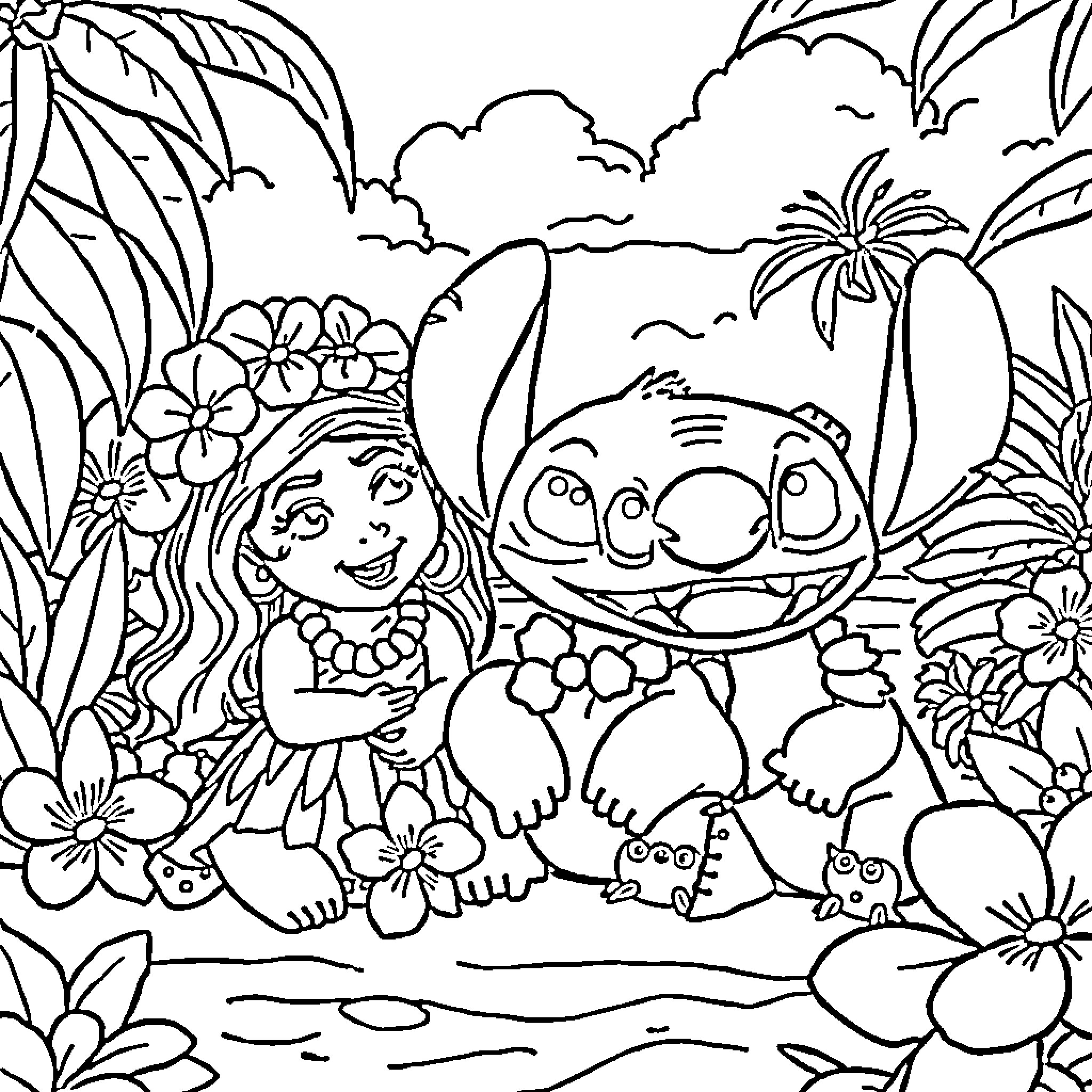 Lilo and Stitch in a tropical paradise Coloring Page (free black-and-white line drawing printable PDF for all, from beginners to advanced learners, including children, teens, adults, and seniors)