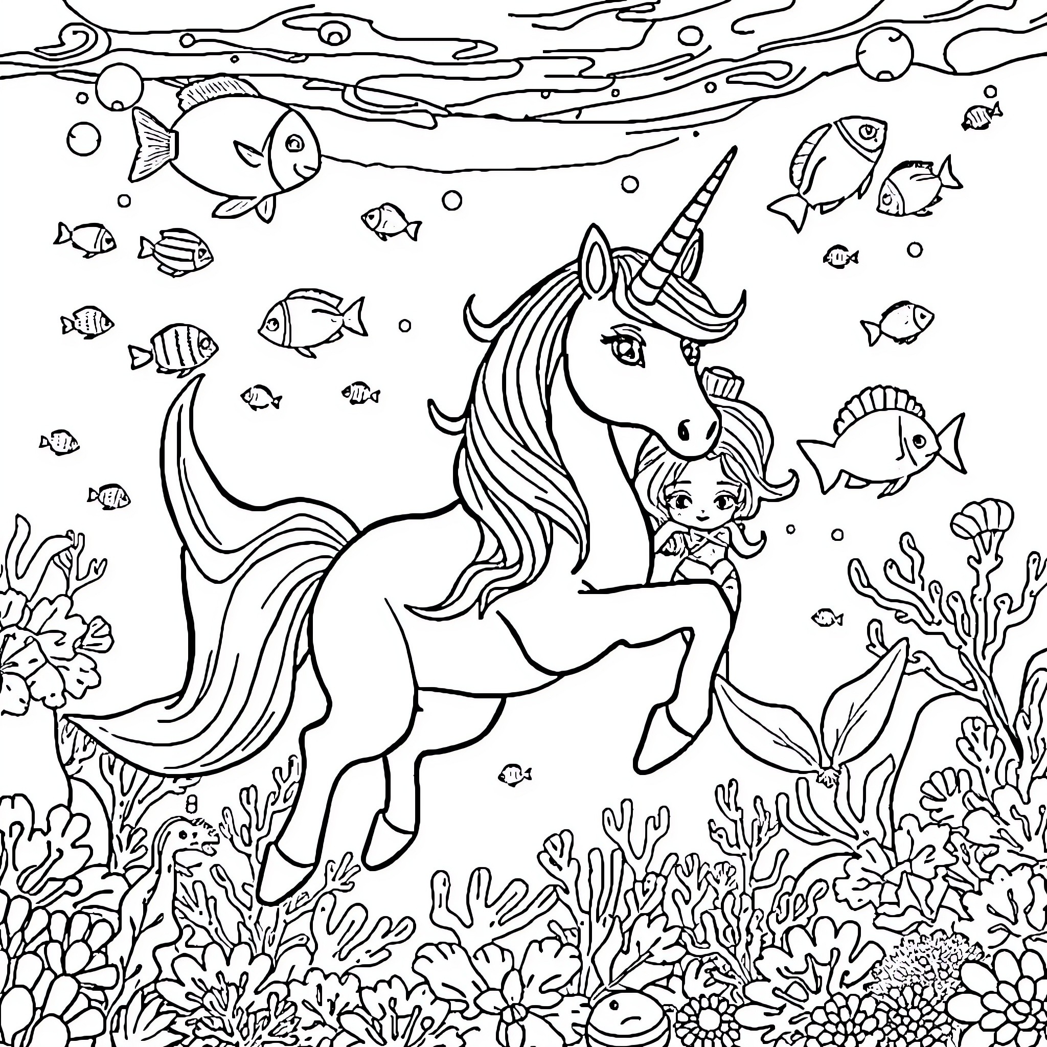 Unicorn swimming with sea creatures in the ocean Coloring Page (free black-and-white line drawing printable PDF for all, from beginners to advanced learners, including children, teens, adults, and seniors)