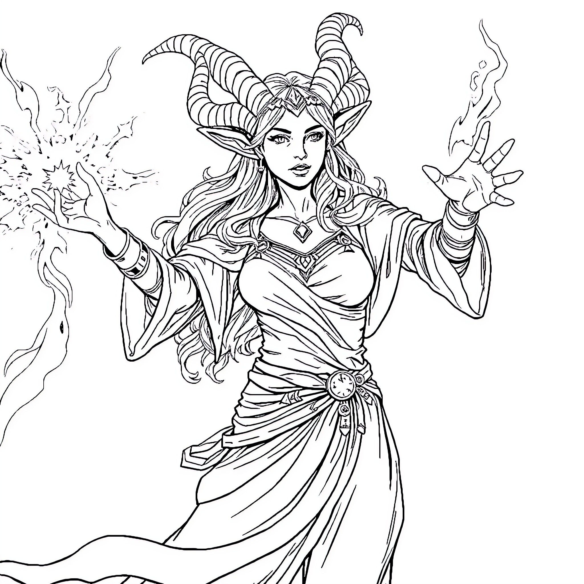 Faun casting mystical spells in enchanted attire Coloring Page (free black-and-white line drawing printable PDF for all, from beginners to advanced learners, including children, teens, adults, and seniors)