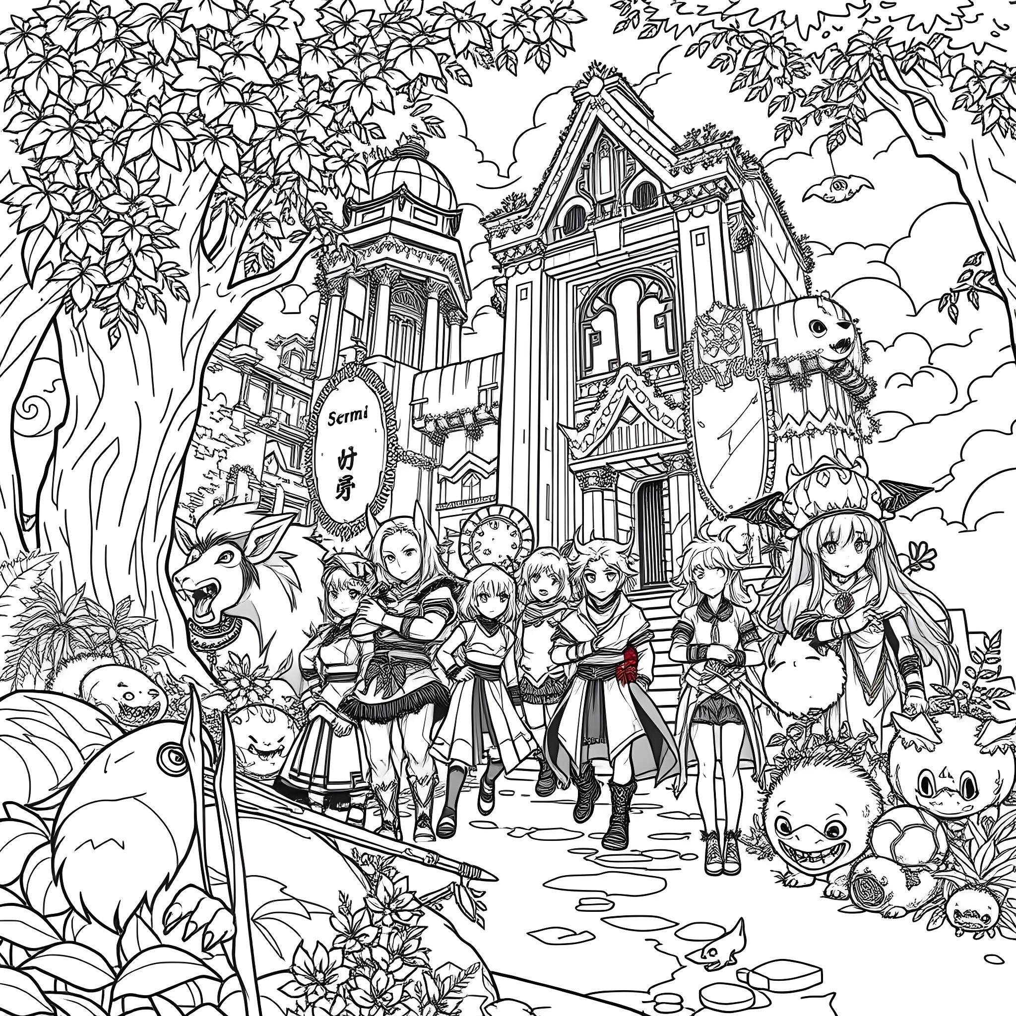 Sumeru Character Gathering at Ornate Temple Coloring Page (free black-and-white line drawing printable PDF for all, from beginners to advanced learners, including children, teens, adults, and seniors)