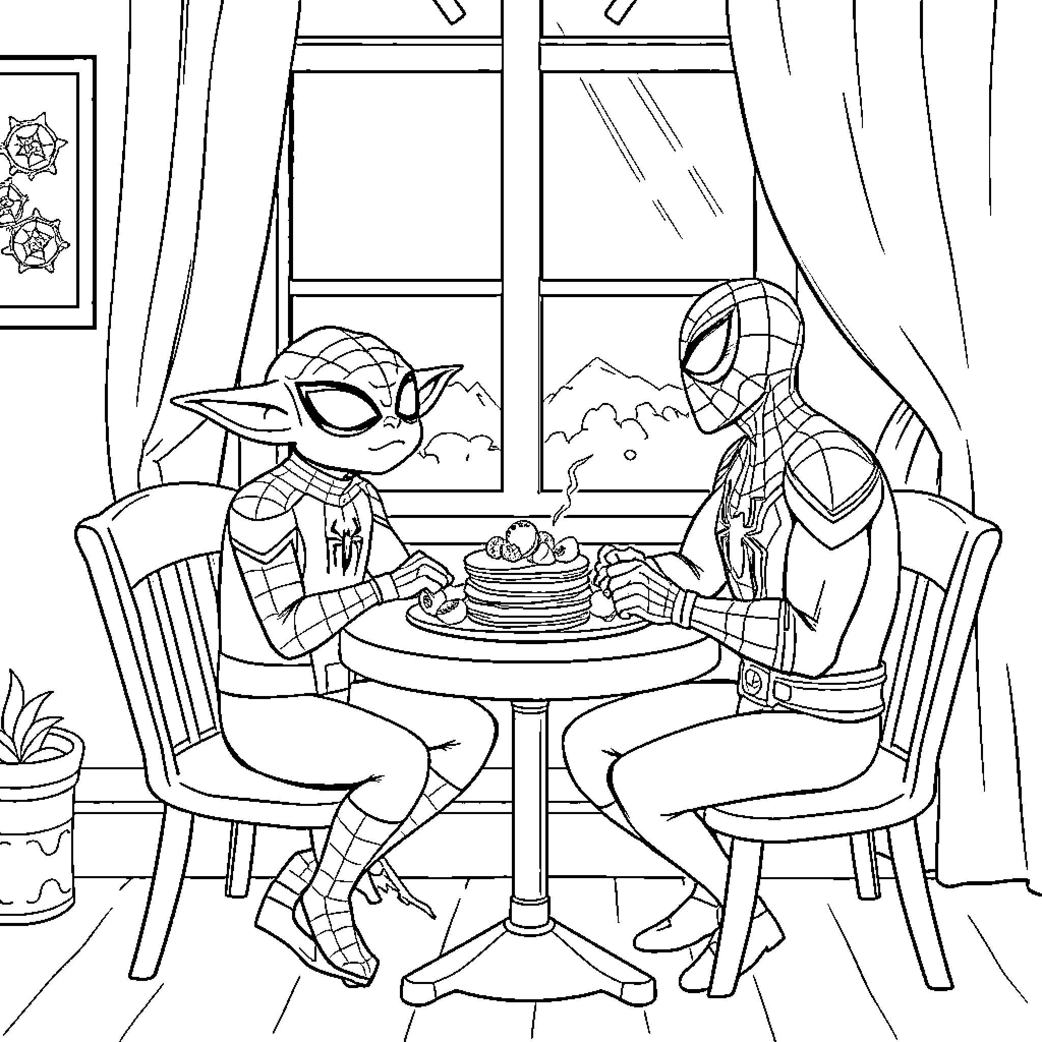 Yoda and Spiderman Enjoying Pancakes Together Coloring Page (free black-and-white line drawing printable PDF for all, from beginners to advanced learners, including children, teens, adults, and seniors)