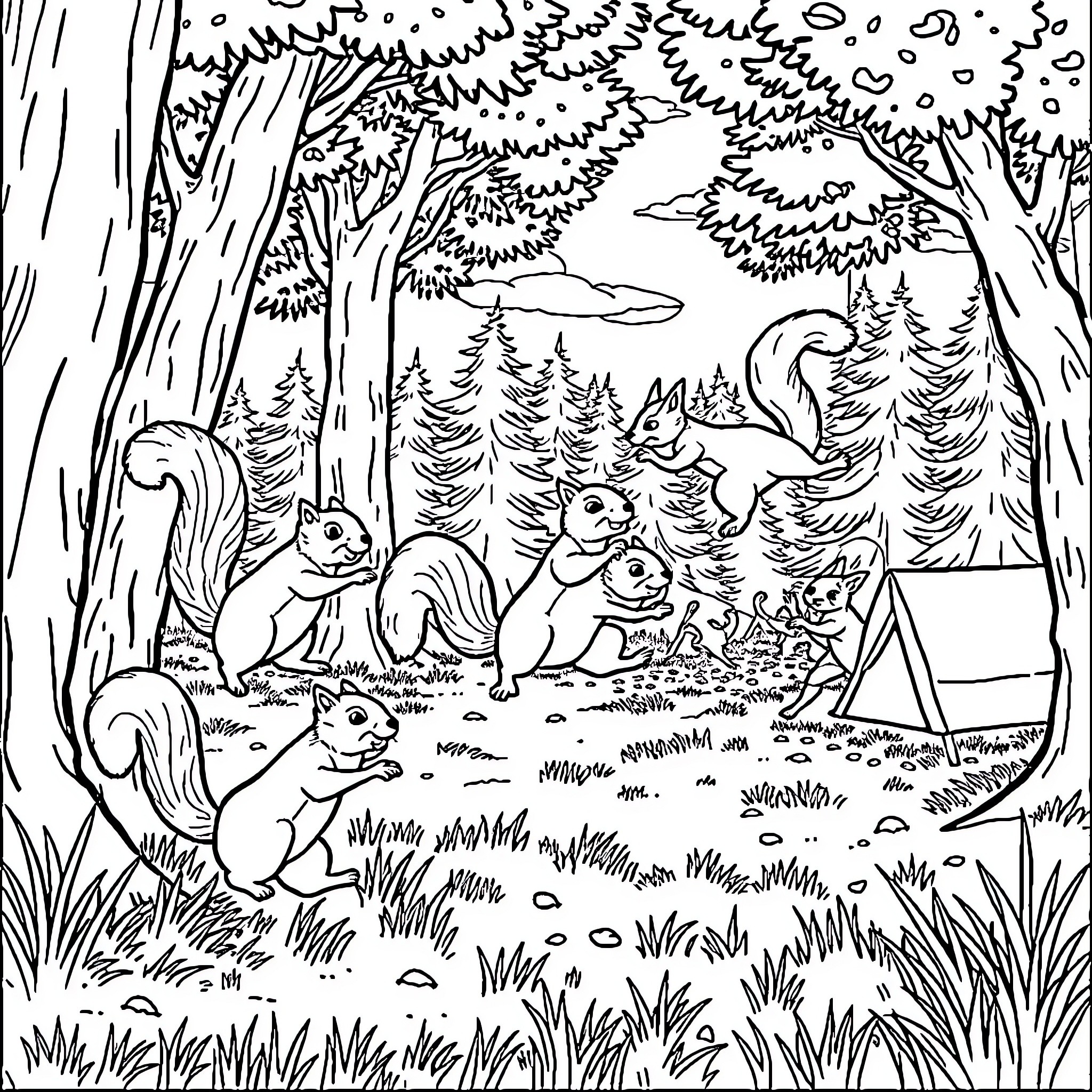 Squirrels Gathering Acorns in the Enchanted Forest Coloring Page (free black-and-white line drawing printable PDF for all, from beginners to advanced learners, including children, teens, adults, and seniors)
