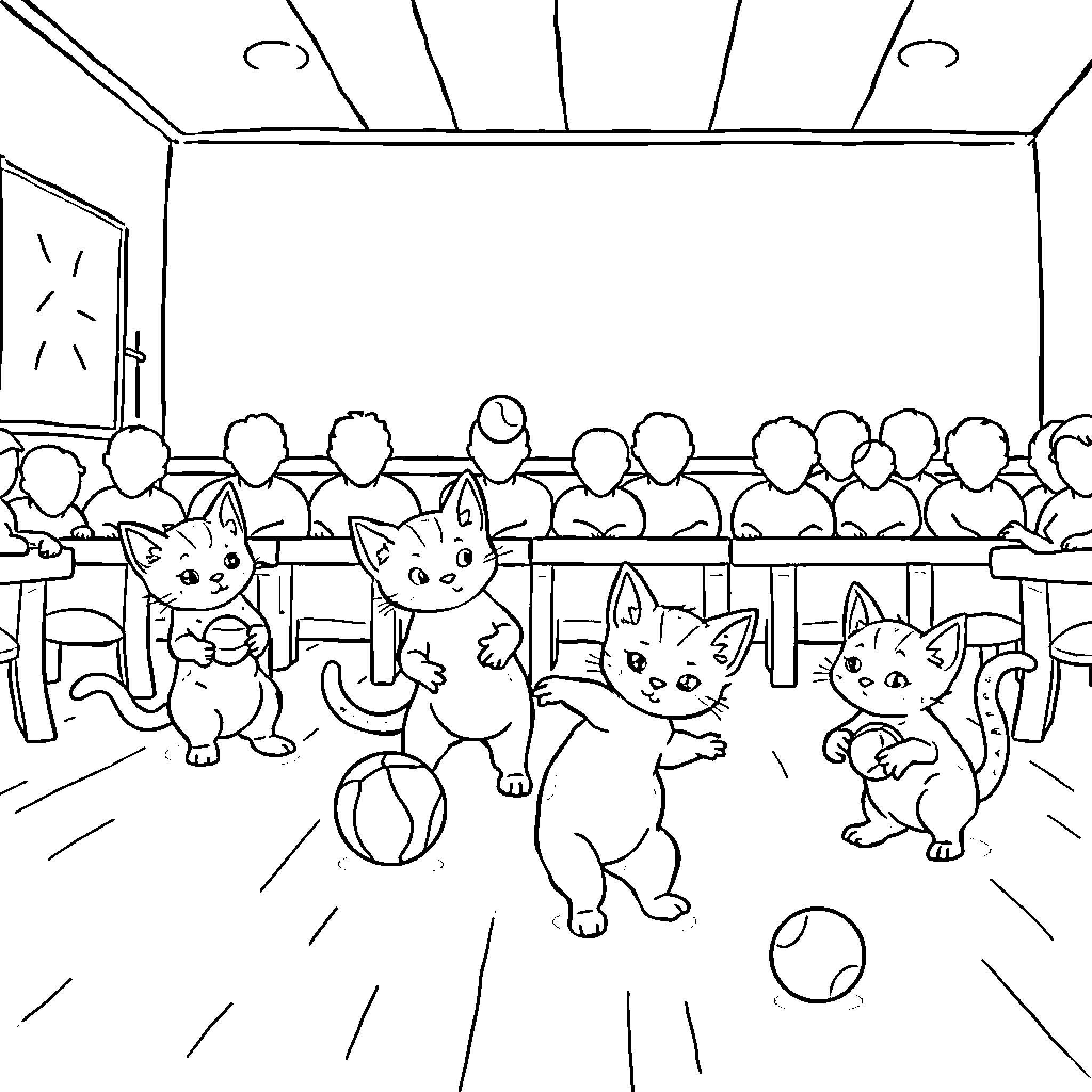 Kittens playing joyfully in a classroom Coloring Page (free black-and-white line drawing printable PDF for all, from beginners to advanced learners, including children, teens, adults, and seniors)