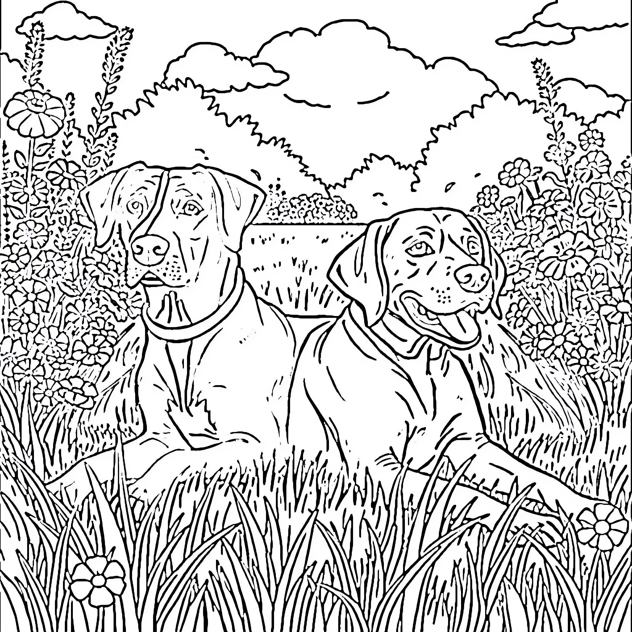 Dog duo exploring a lush, floral field Coloring Page (free black-and-white line drawing printable PDF for all, from beginners to advanced learners, including children, teens, adults, and seniors)
