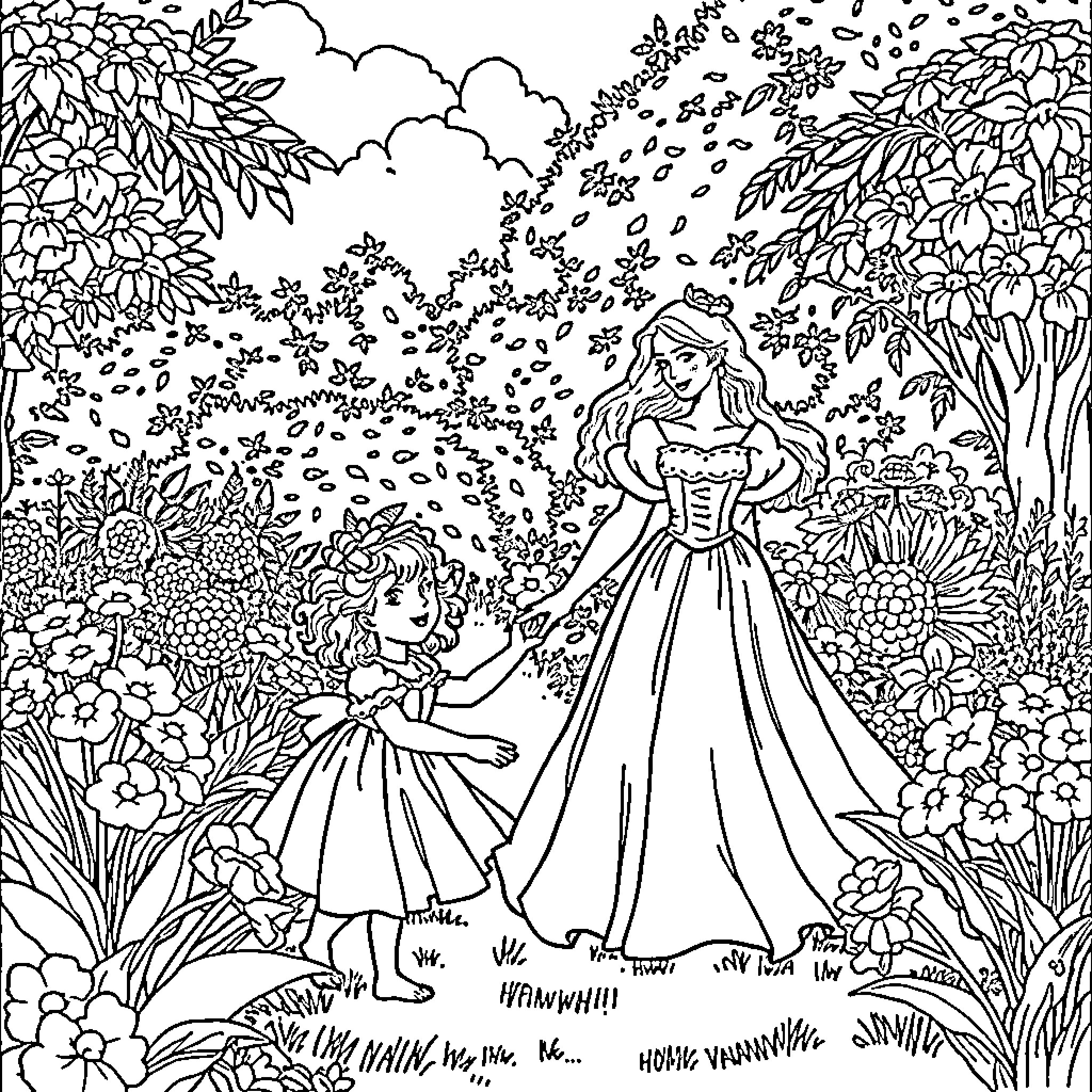 Marie's Enchanted Garden Adventure Coloring Page (free black-and-white line drawing printable PDF for all, from beginners to advanced learners, including children, teens, adults, and seniors)
