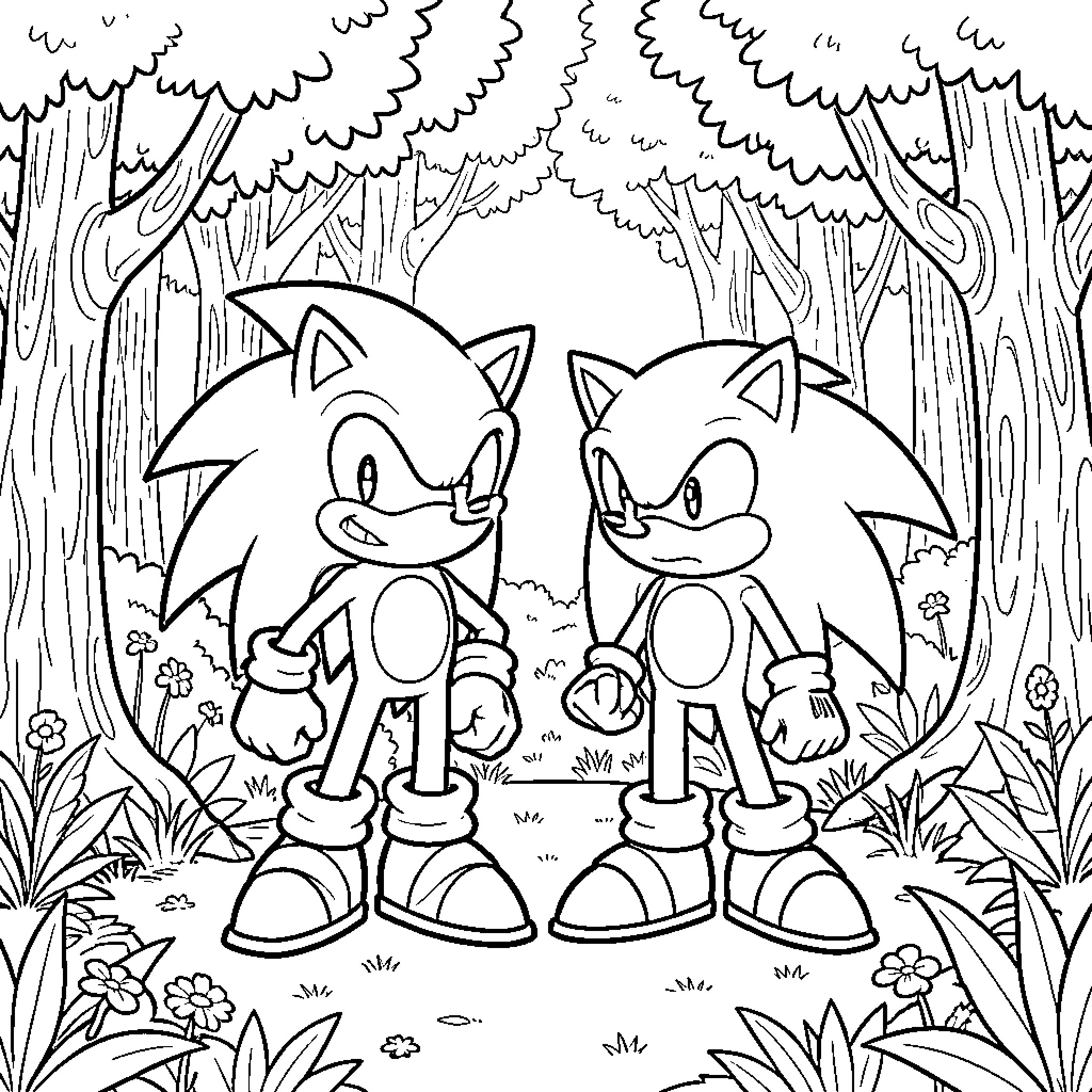 Sonic Characters in Mysterious Forest Coloring Page (free black-and-white line drawing printable PDF for all, from beginners to advanced learners, including children, teens, adults, and seniors)