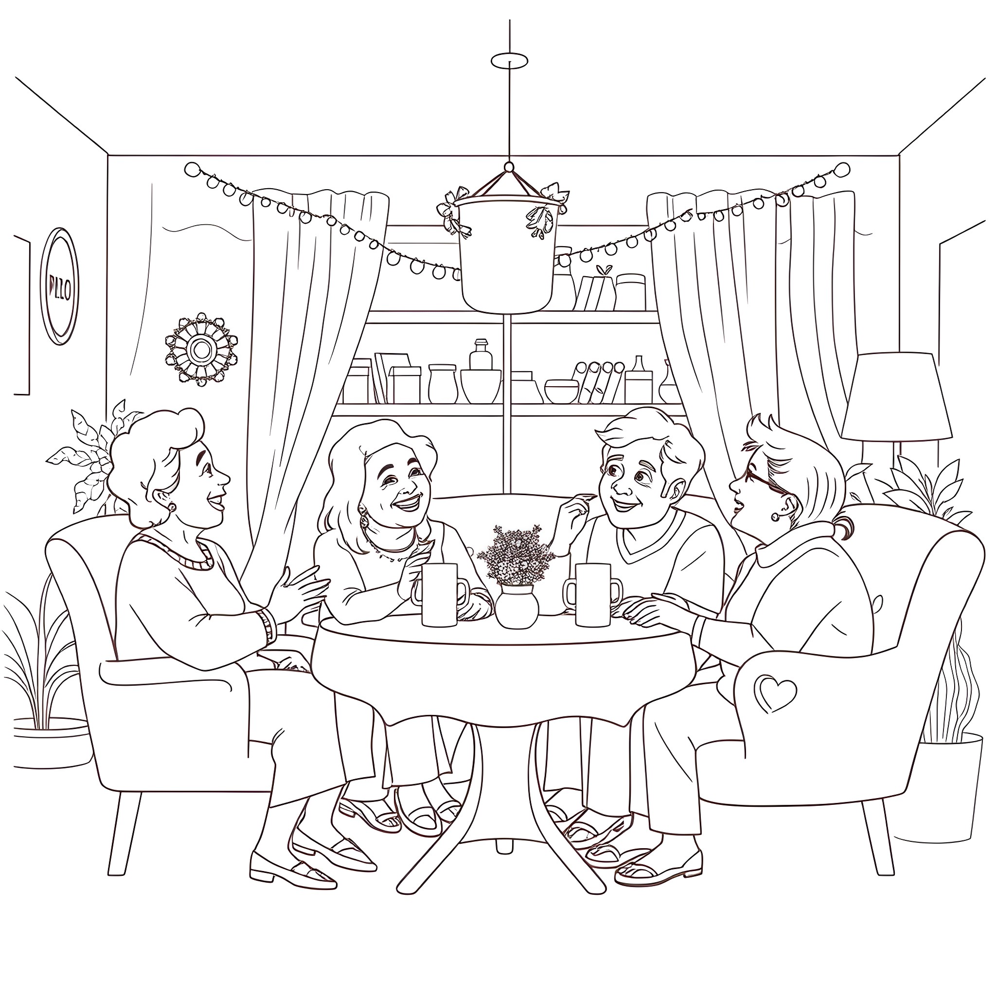Family Gathering Around the Dinner Table Coloring Page (free black-and-white line drawing printable PDF for all, from beginners to advanced learners, including children, teens, adults, and seniors)