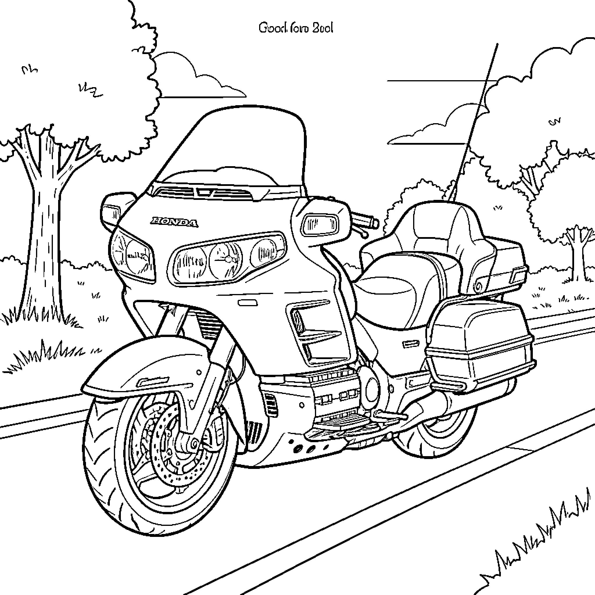 Goldwing touring motorcycle parked on a quiet roadside Coloring Page (free black-and-white line drawing printable PDF for all, from beginners to advanced learners, including children, teens, adults, and seniors)