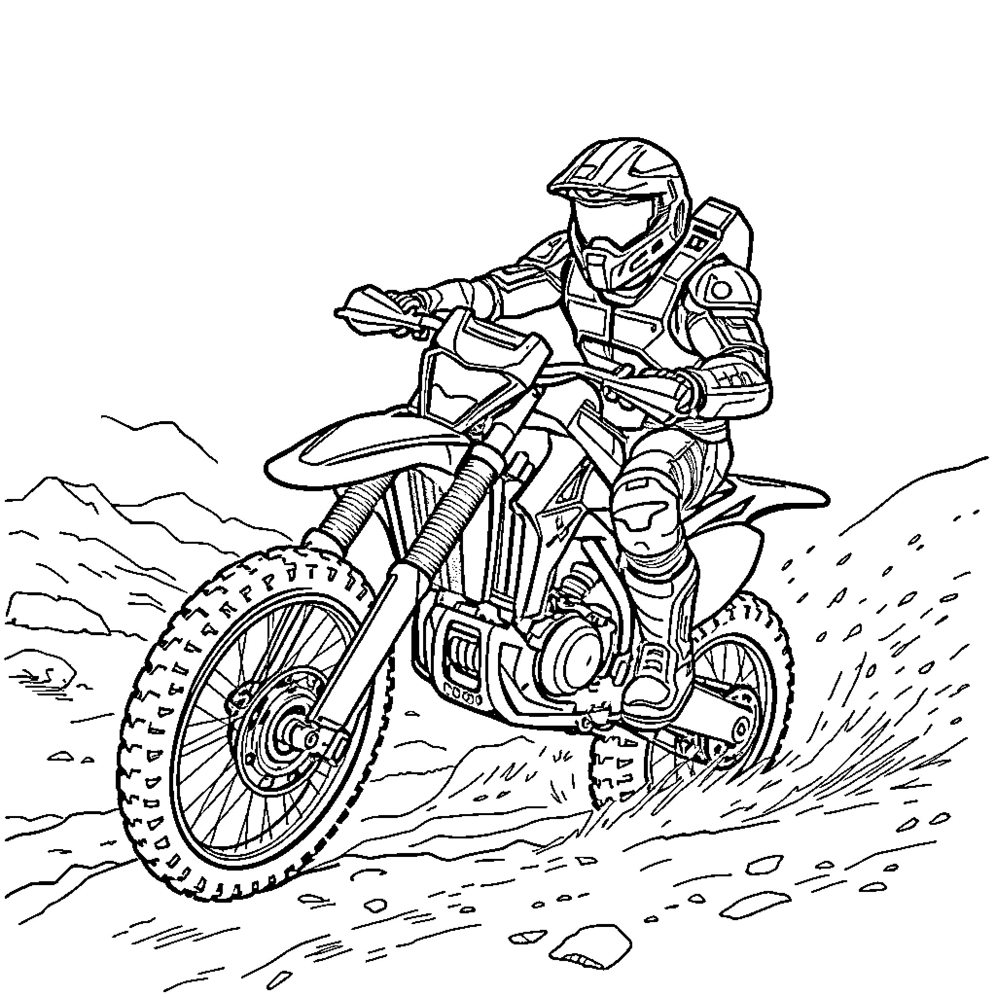 Master Chief riding an off-road motorcycle through a rugged landscape Coloring Page (free black-and-white line drawing printable PDF for all, from beginners to advanced learners, including children, teens, adults, and seniors)