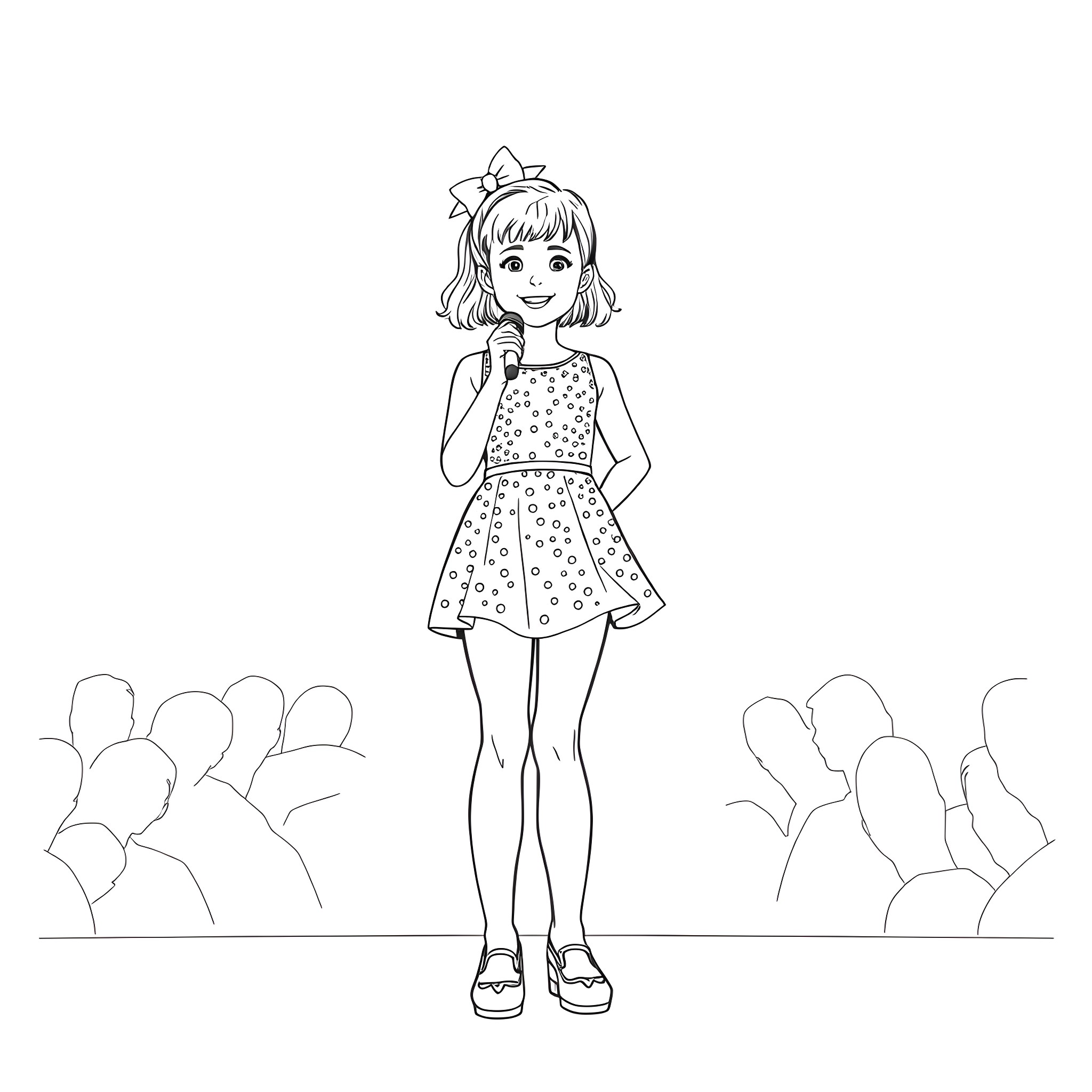 Teenage Girl in Polka Dot Dress on Stage Coloring Page (free black-and-white line drawing printable PDF for all, from beginners to advanced learners, including children, teens, adults, and seniors)