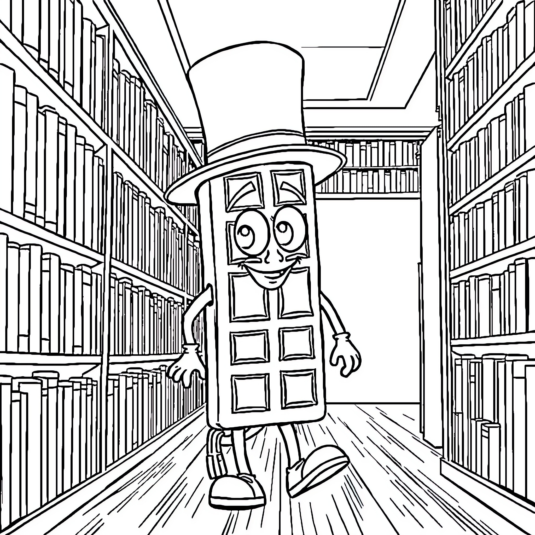 Chocolate Bar Exploring Bookshelf Library Coloring Page (free black-and-white line drawing printable PDF for all, from beginners to advanced learners, including children, teens, adults, and seniors)