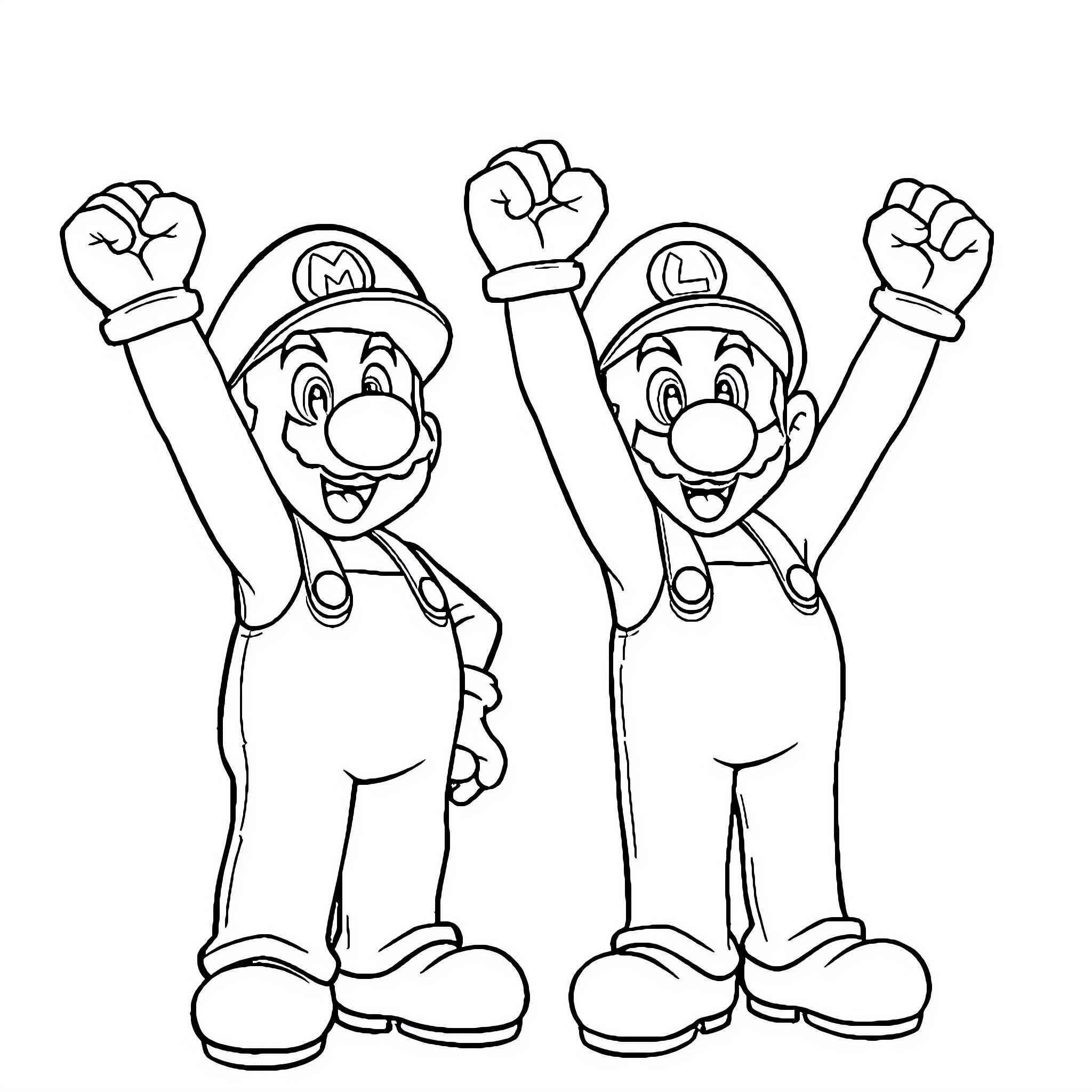 Mario Brothers Celebrating Victory Coloring Page (free black-and-white line drawing printable PDF for all, from beginners to advanced learners, including children, teens, adults, and seniors)