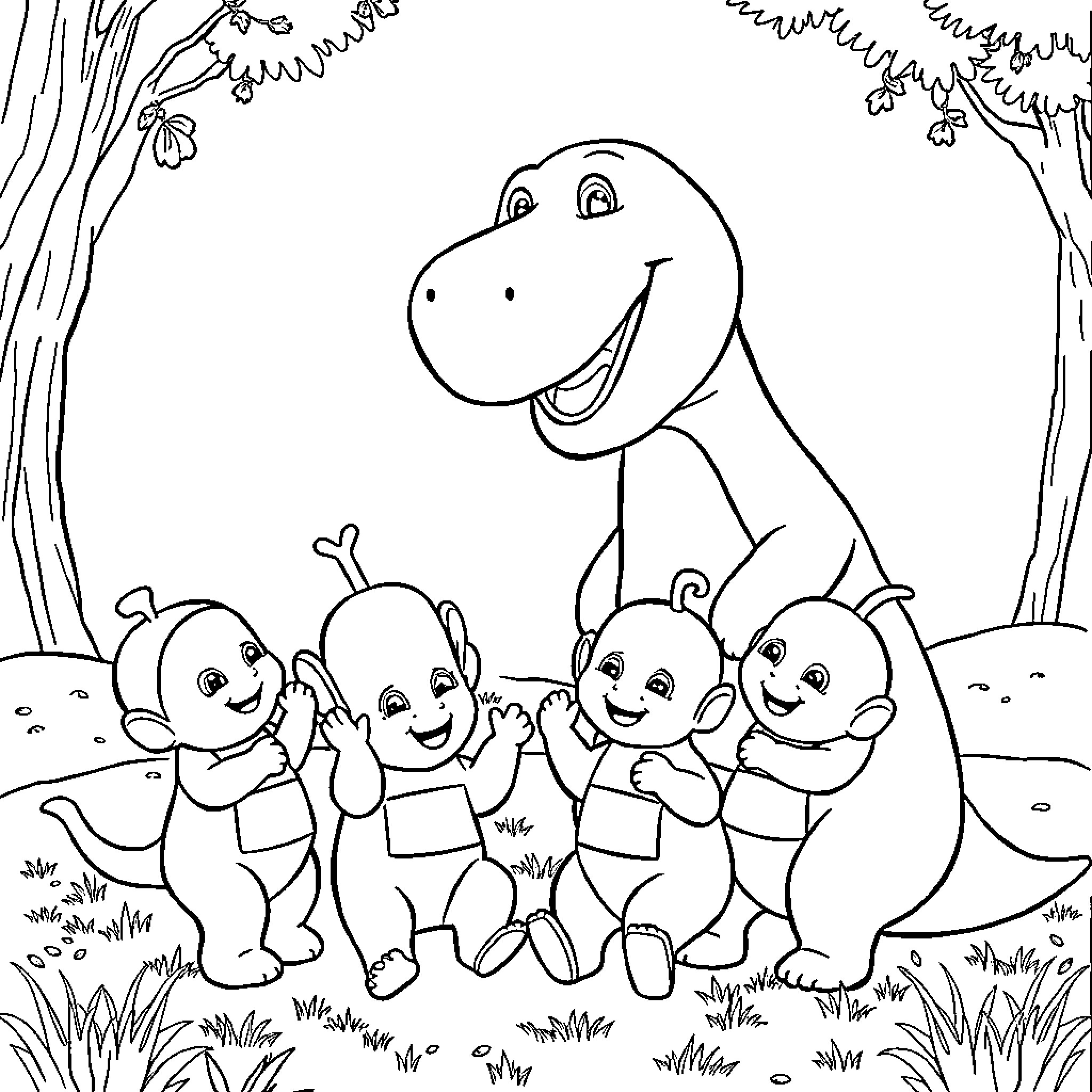 Teletubbies playing happily in the forest Coloring Page (free black-and-white line drawing printable PDF for all, from beginners to advanced learners, including children, teens, adults, and seniors)