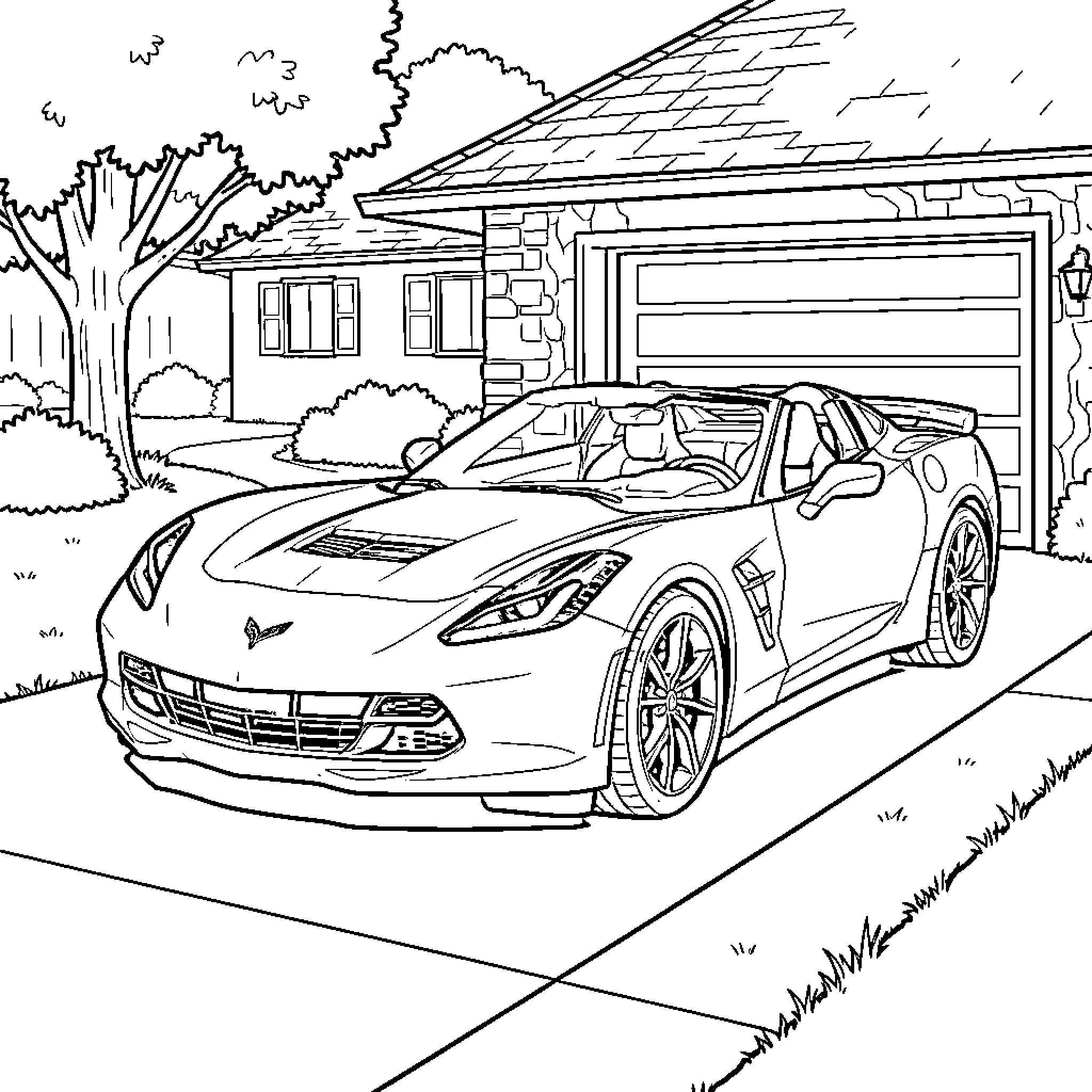 Corvette parked on a driveway in front of a house Coloring Page (free black-and-white line drawing printable PDF for all, from beginners to advanced learners, including children, teens, adults, and seniors)