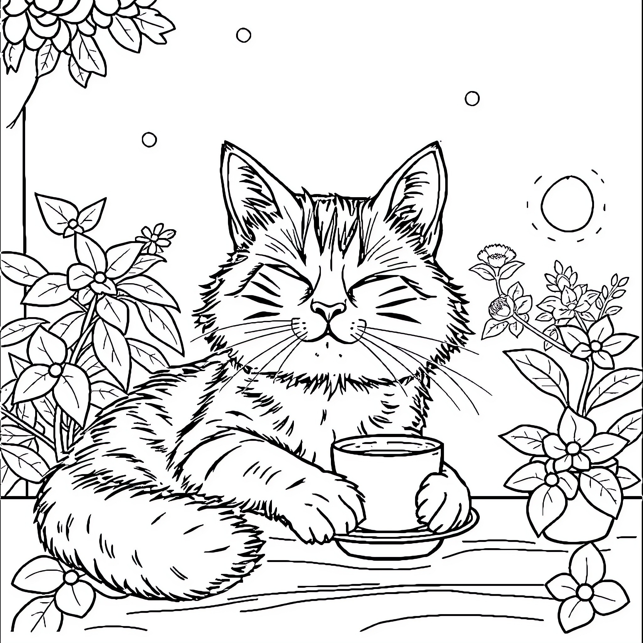 Cat enjoying a cozy moment with coffee Coloring Page (free black-and-white line drawing printable PDF for all, from beginners to advanced learners, including children, teens, adults, and seniors)