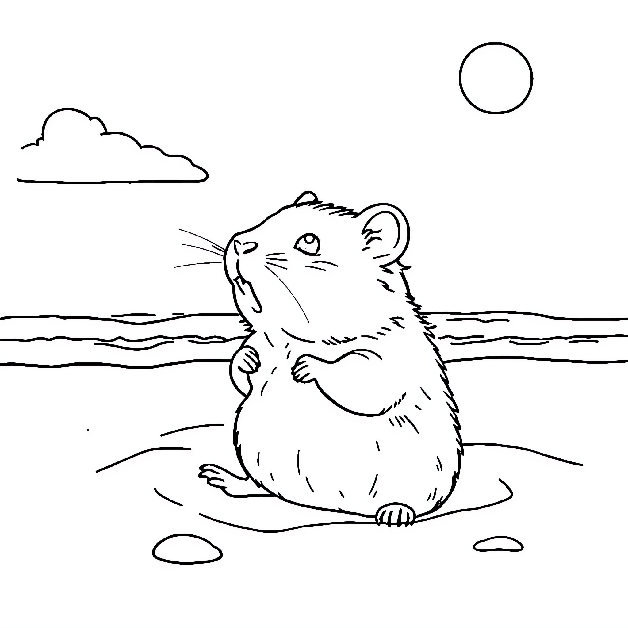 Hamster sitting on beach under the sun Coloring Page (free black-and-white line drawing printable PDF for all, from beginners to advanced learners, including children, teens, adults, and seniors)