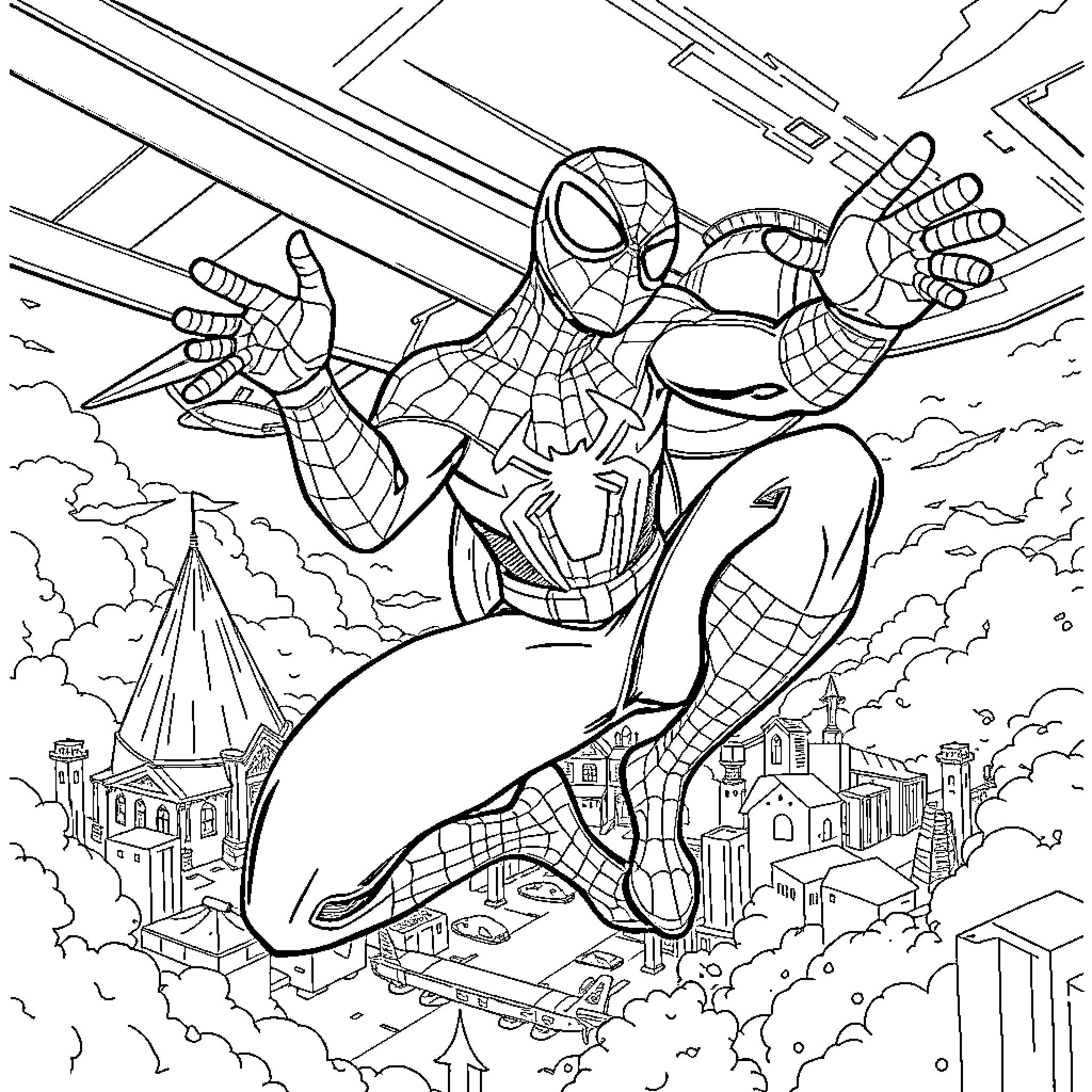 Spidey Swinging Into Action Above the City Coloring Page (free black-and-white line drawing printable PDF for all, from beginners to advanced learners, including children, teens, adults, and seniors)