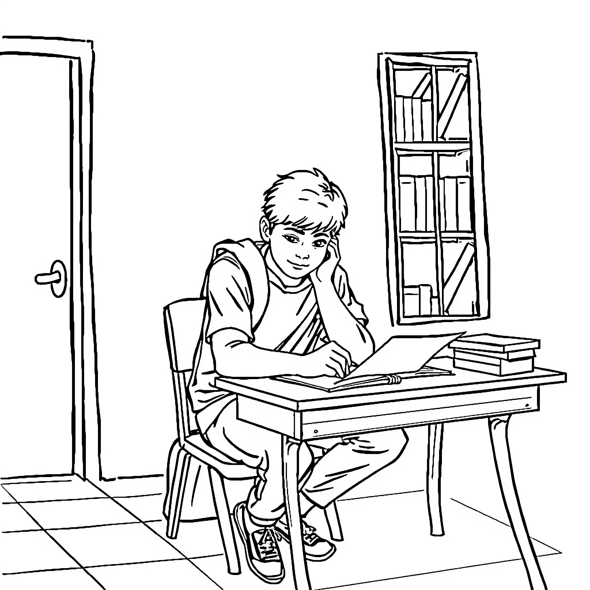 Estudiante concentrado escribiendo en su escritorio Coloring Page (free black-and-white line drawing printable PDF for all, from beginners to advanced learners, including children, teens, adults, and seniors)